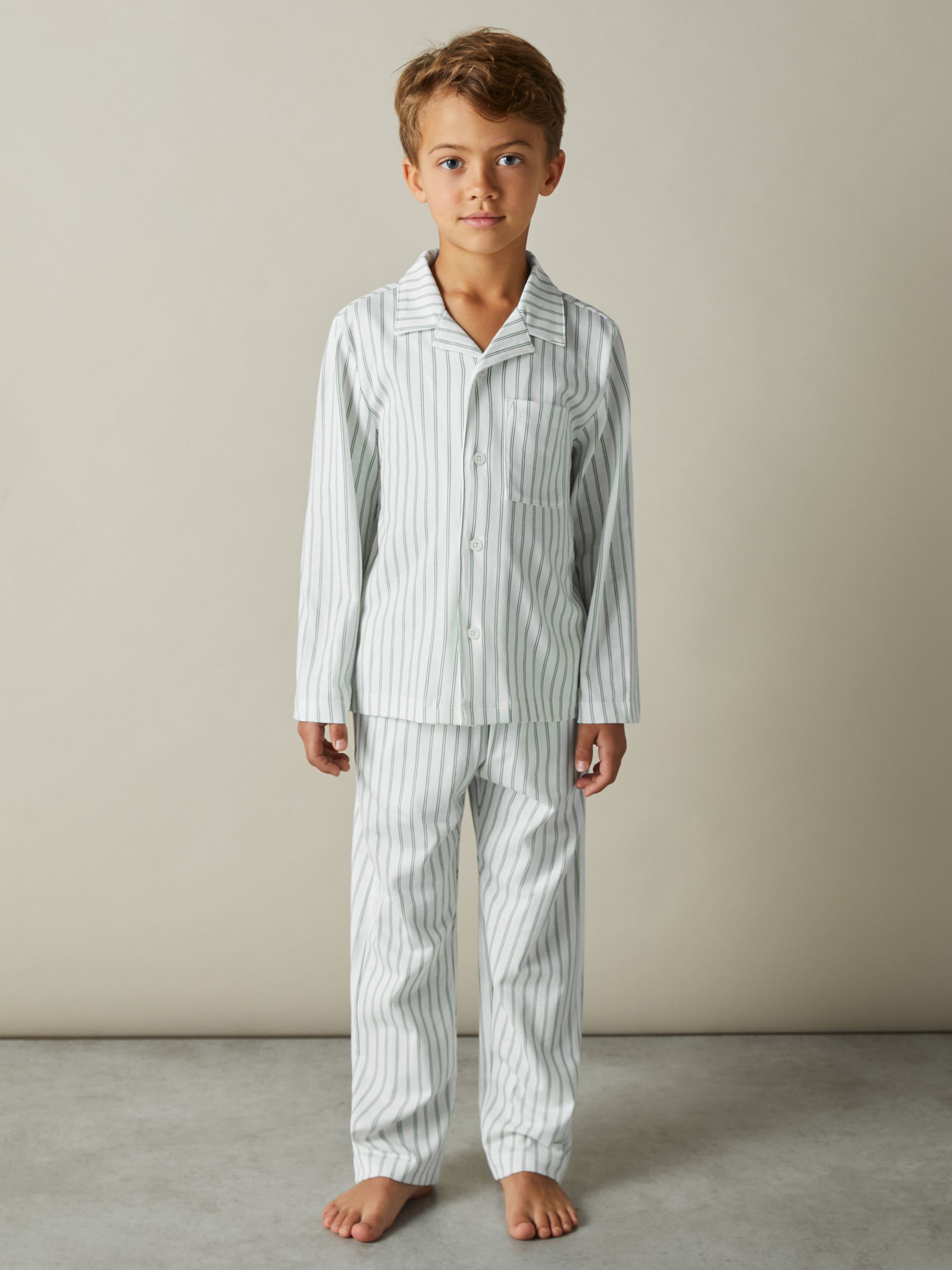 9-13 yrs Brushed-Cotton Striped Pyjama Set in Sage Green/White Stripe - Image 3 of 6