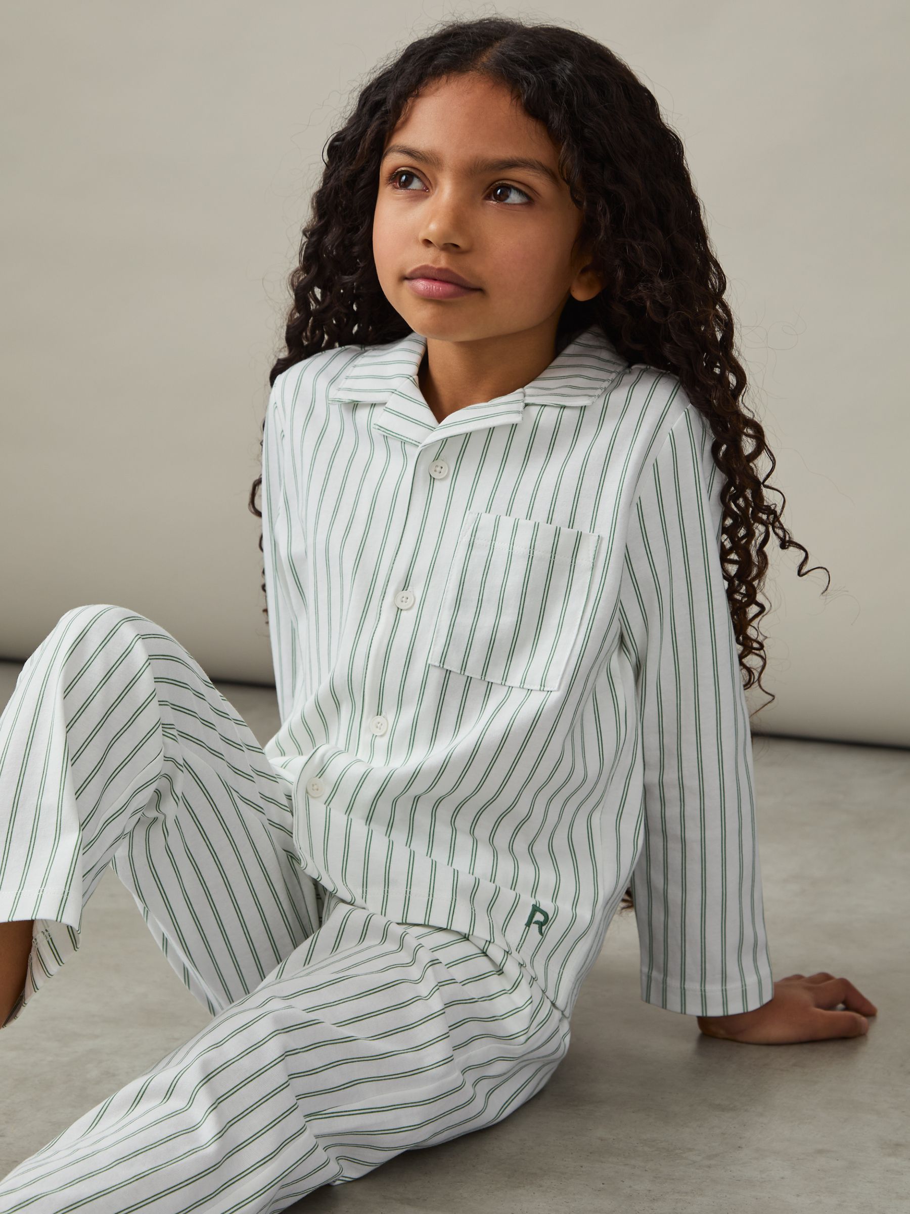 9-13 yrs Brushed-Cotton Striped Pyjama Set in Sage Green/White Stripe - Image 4 of 6