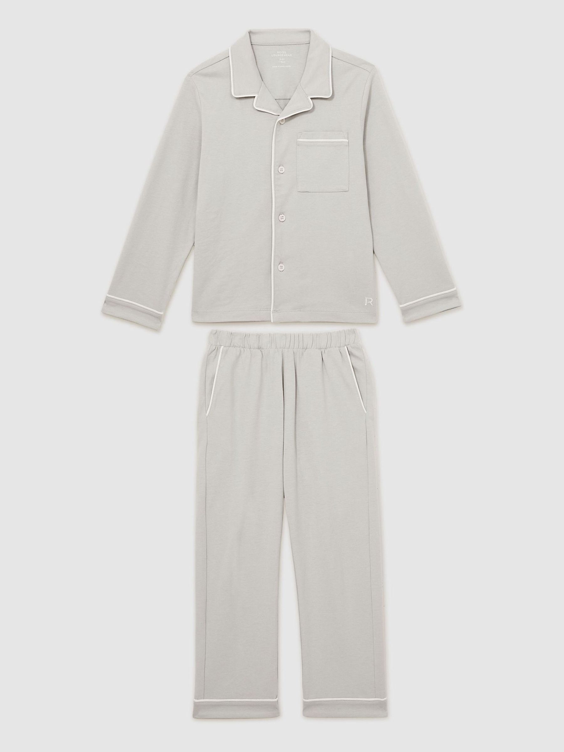 3-9 yrs Brushed-Cotton Piped-Trim Pyjamas Set in Soft Grey - Image 2 of 7