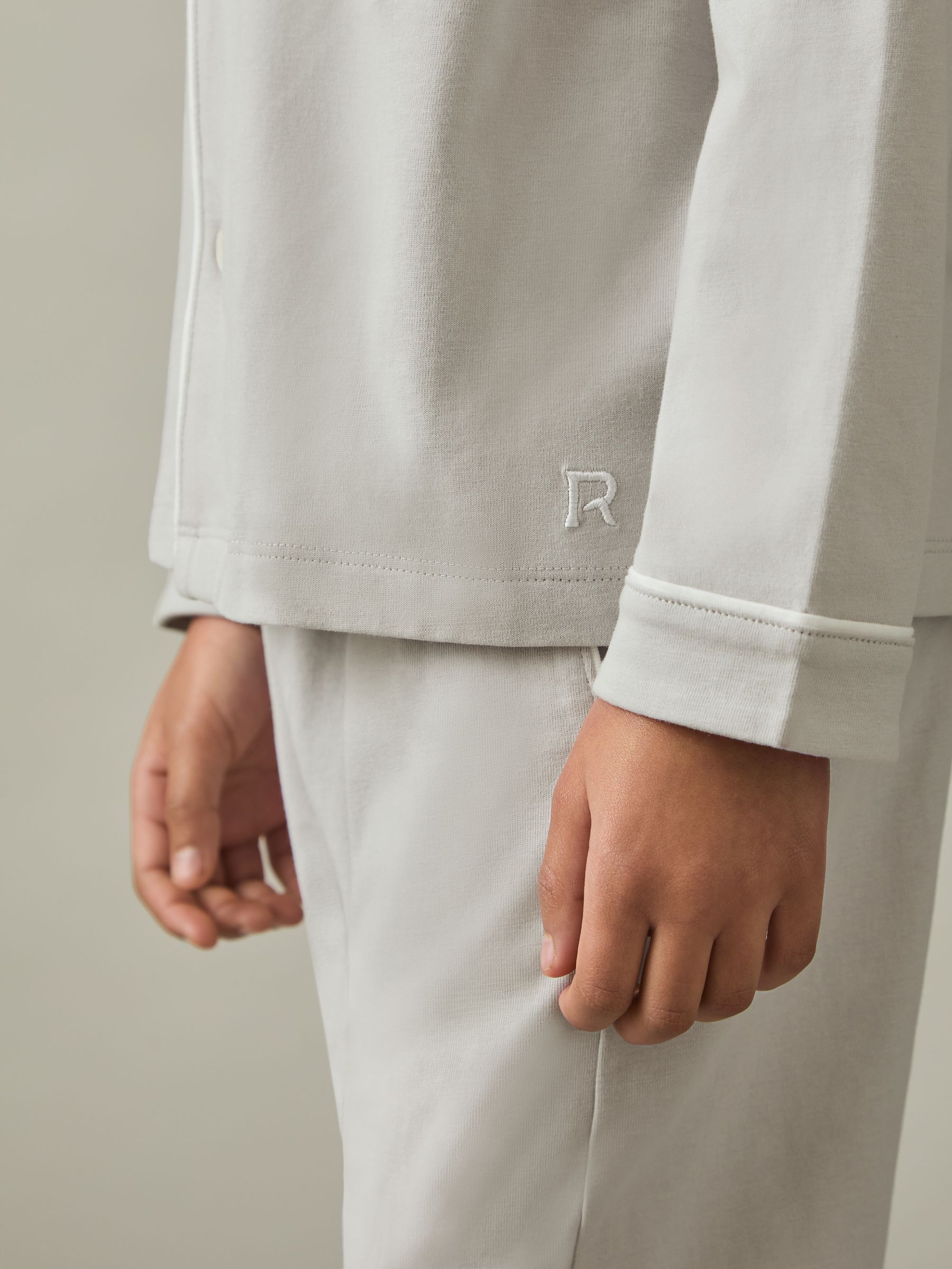 3-9 yrs Brushed-Cotton Piped-Trim Pyjamas Set in Soft Grey - Image 5 of 7