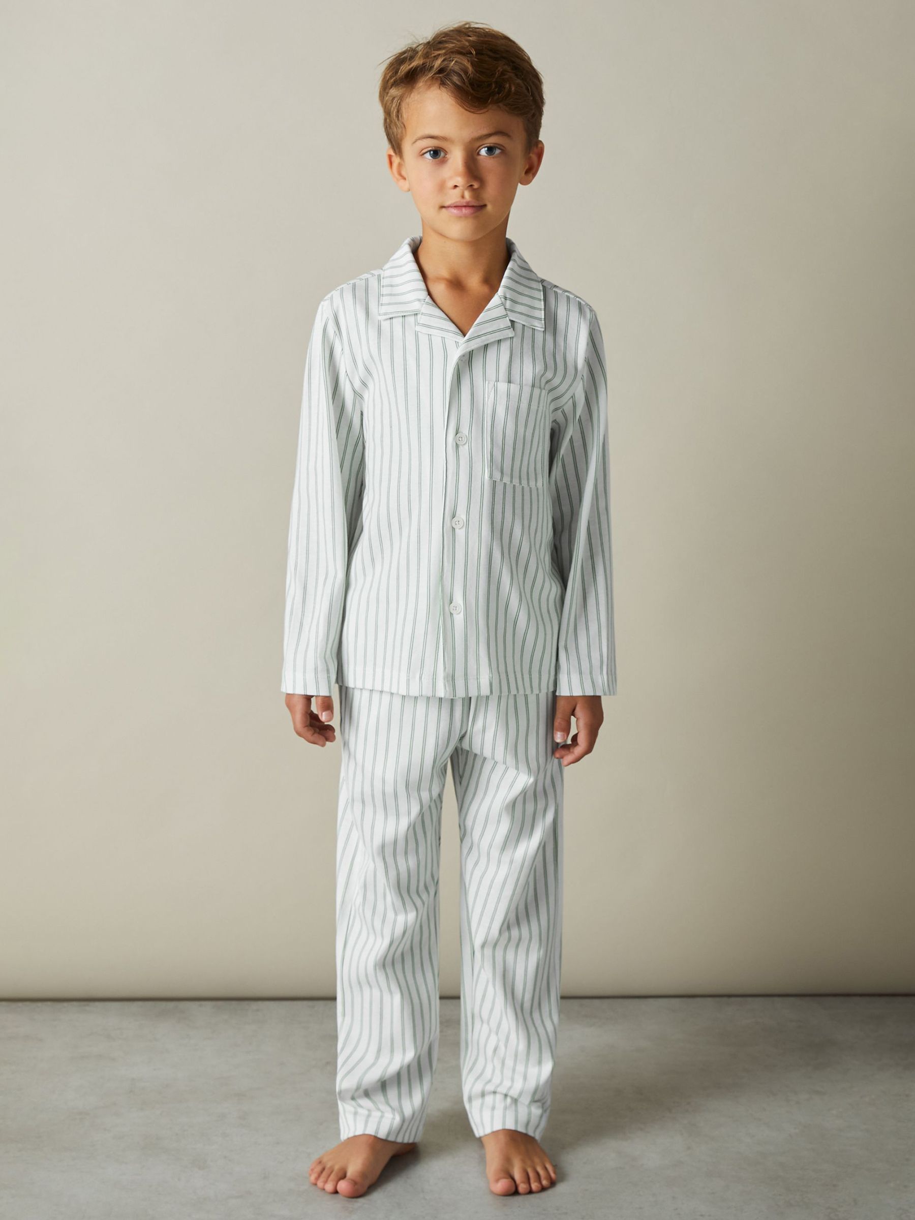 3-9 yrs Brushed-Cotton Striped Pyjama Set in Sage Green/White Stripe - Image 1 of 5