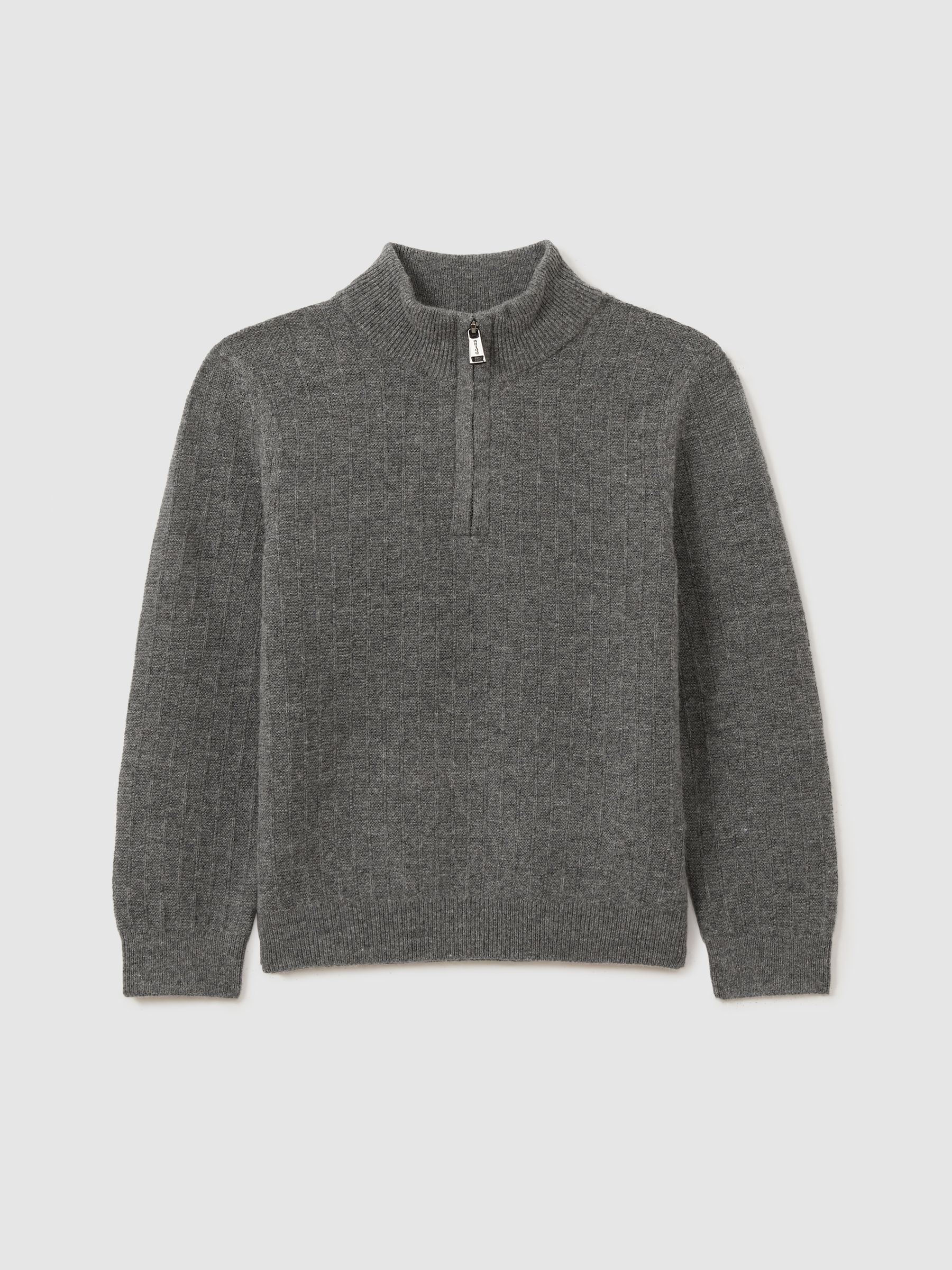 9-13 yrs Zipped Funnel-Neck Wool Jumper in Mid Grey Melange - Image 2 of 5