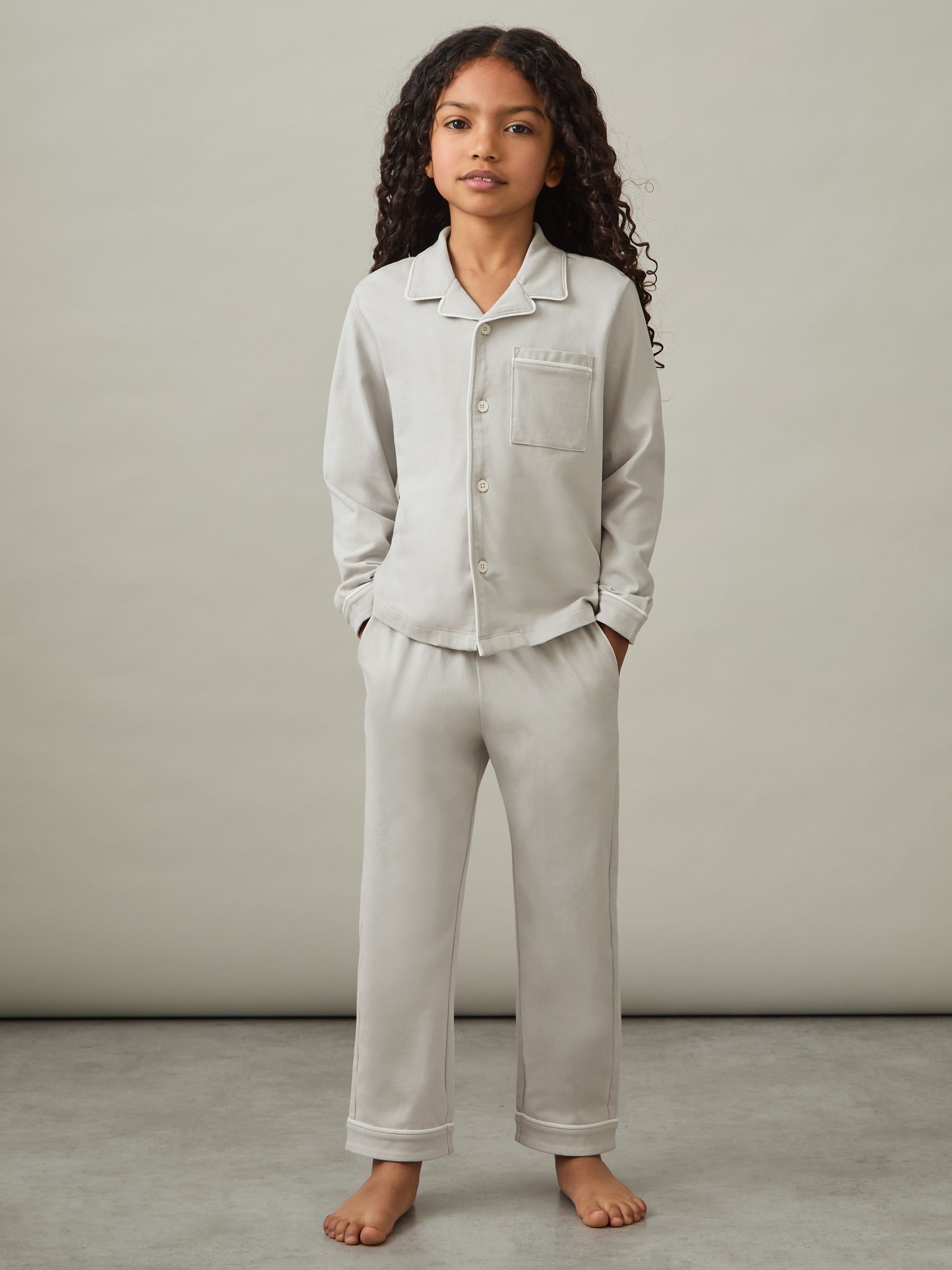 9-13 yrs Brushed-Cotton Piped-Trim Pyjamas Set in Soft Grey - Image 1 of 7
