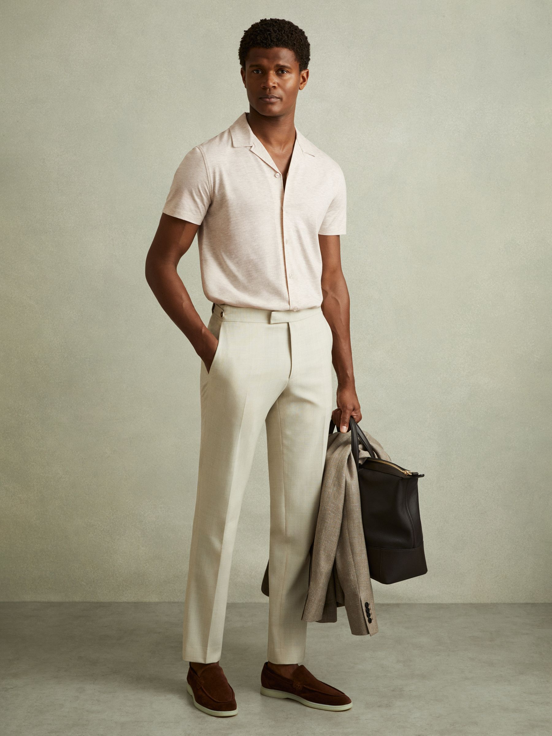 Mercerised Jersey Cuban Collar Shirt in Oatmeal Melange - Image 1 of 5 Mercerised Jersey Cuban Collar Shirt in Oatmeal Melange - Image 1 of 5