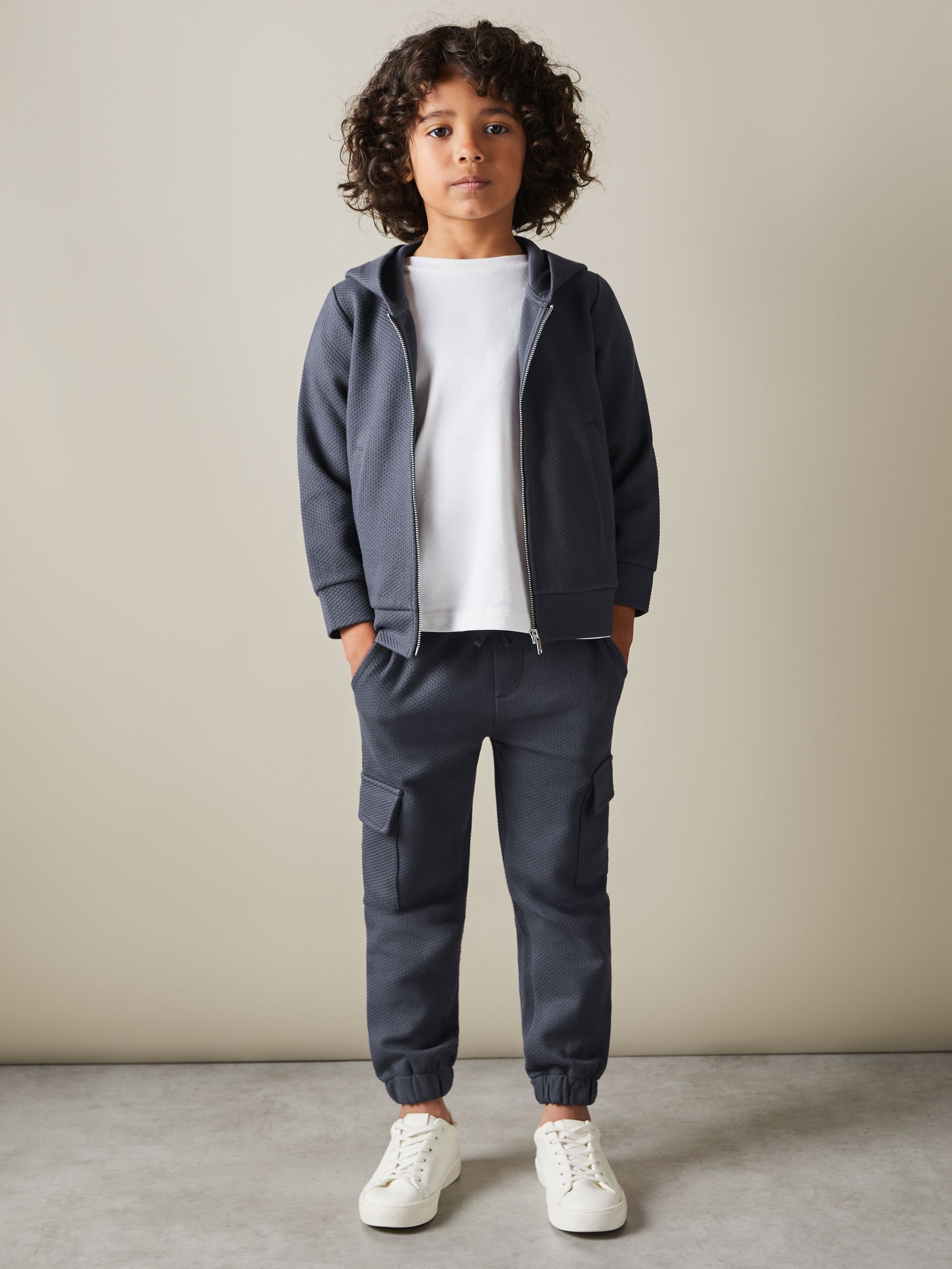 3-9 yrs Cotton Blend Textured Zip-Front Hoodie in Steel Blue - Image 1 of 4