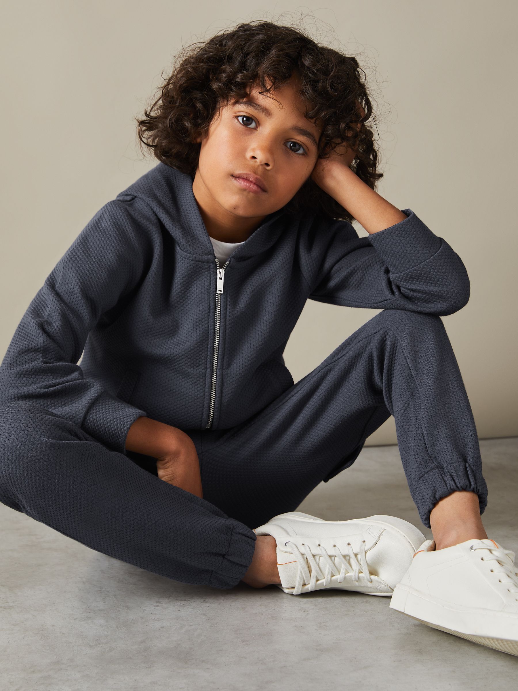 3-9 yrs Cotton Blend Textured Zip-Front Hoodie in Steel Blue - Image 3 of 4