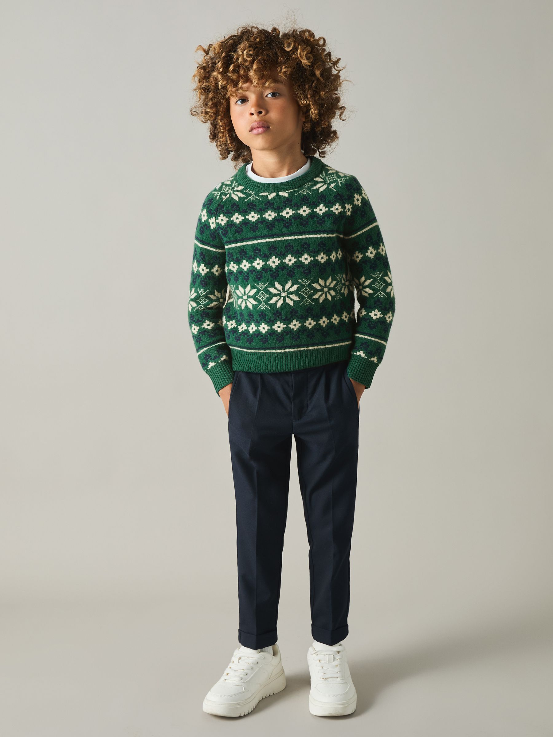 3-9 yrs Merino Jumper in Green/Blue/Ecru - Image 3 of 5