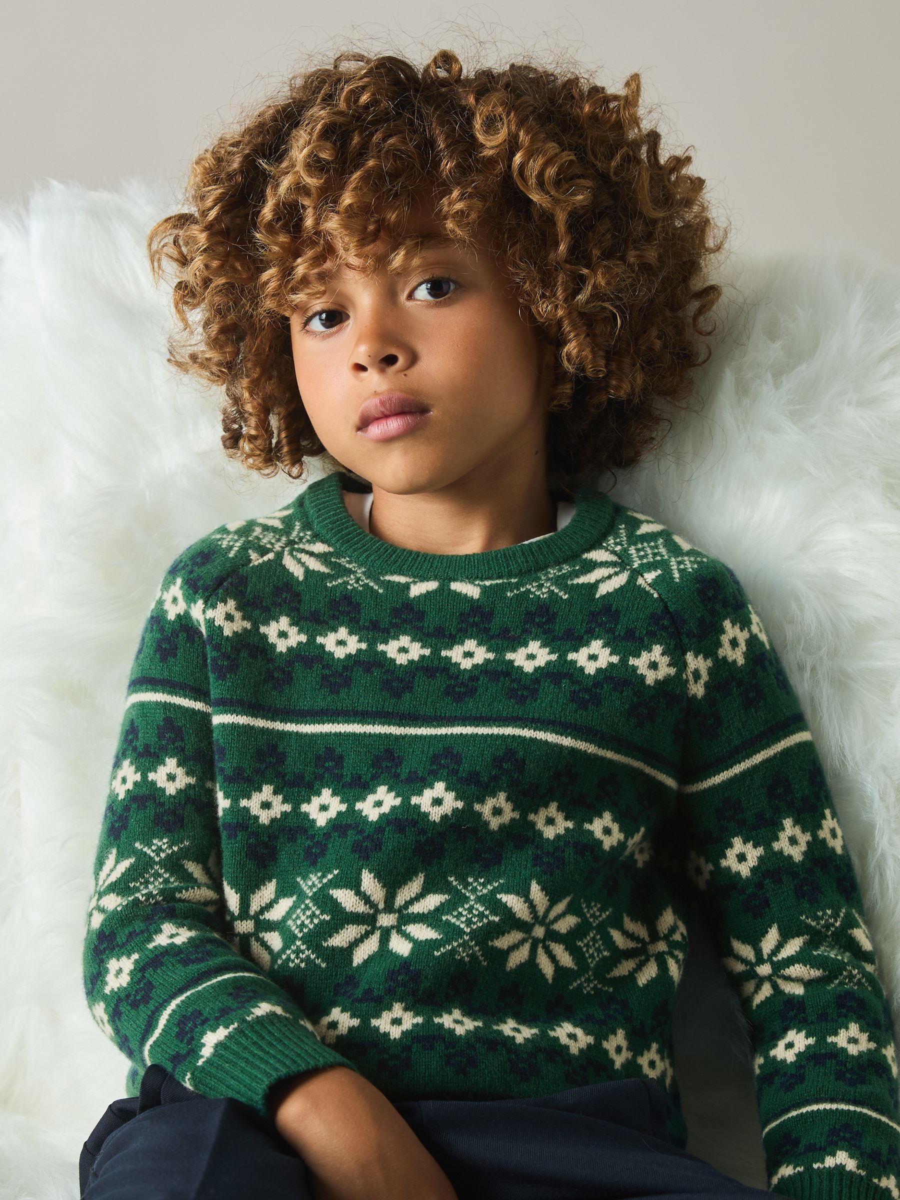 9-13 yrs Merino Jumper in Green/Blue/Ecru - Image 3 of 5