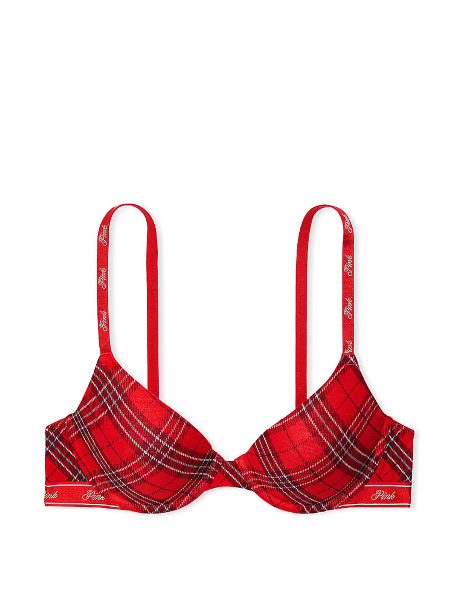 Vermillion Red Plaid T Shirt Cotton Logo Bra - Image 3 of 3