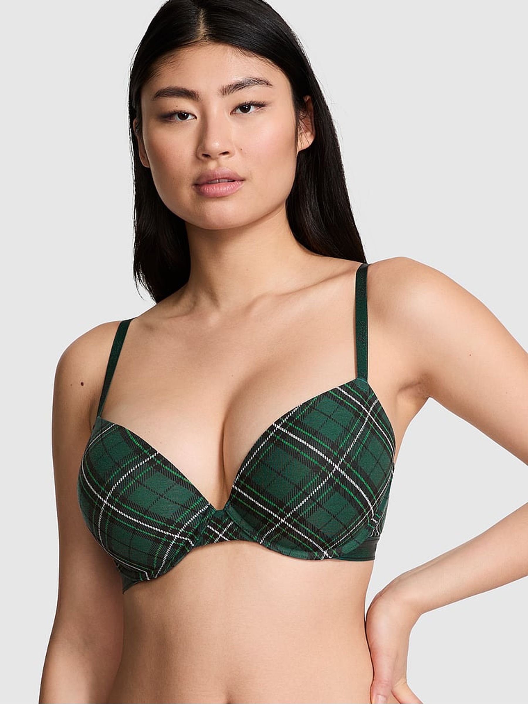 Deep Forest Green Plaid Super Push Up Cotton Logo Bra - Image 1 of 1