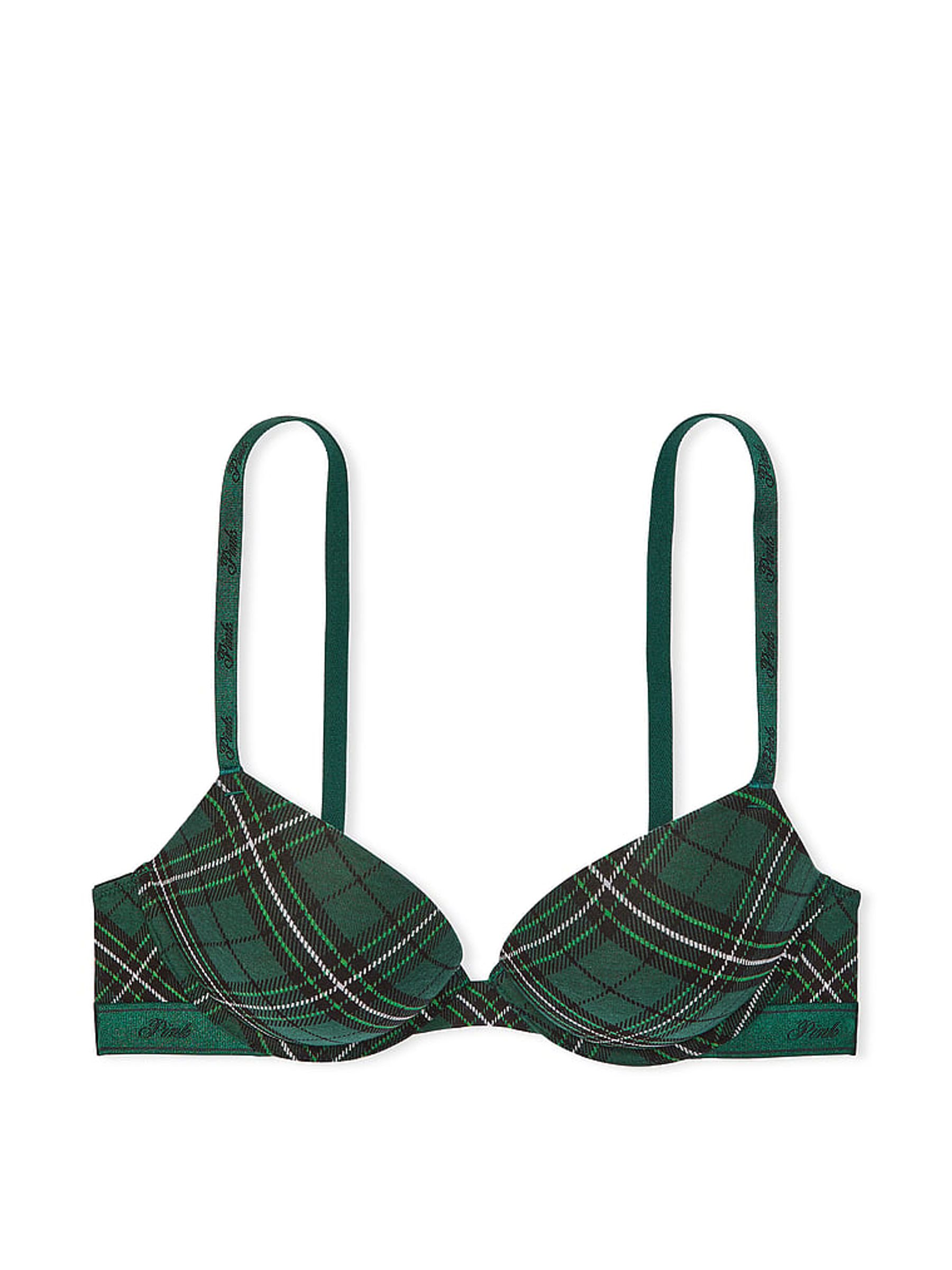 Deep Forest Green Plaid Super Push Up Cotton Logo Bra - Image 3 of 3