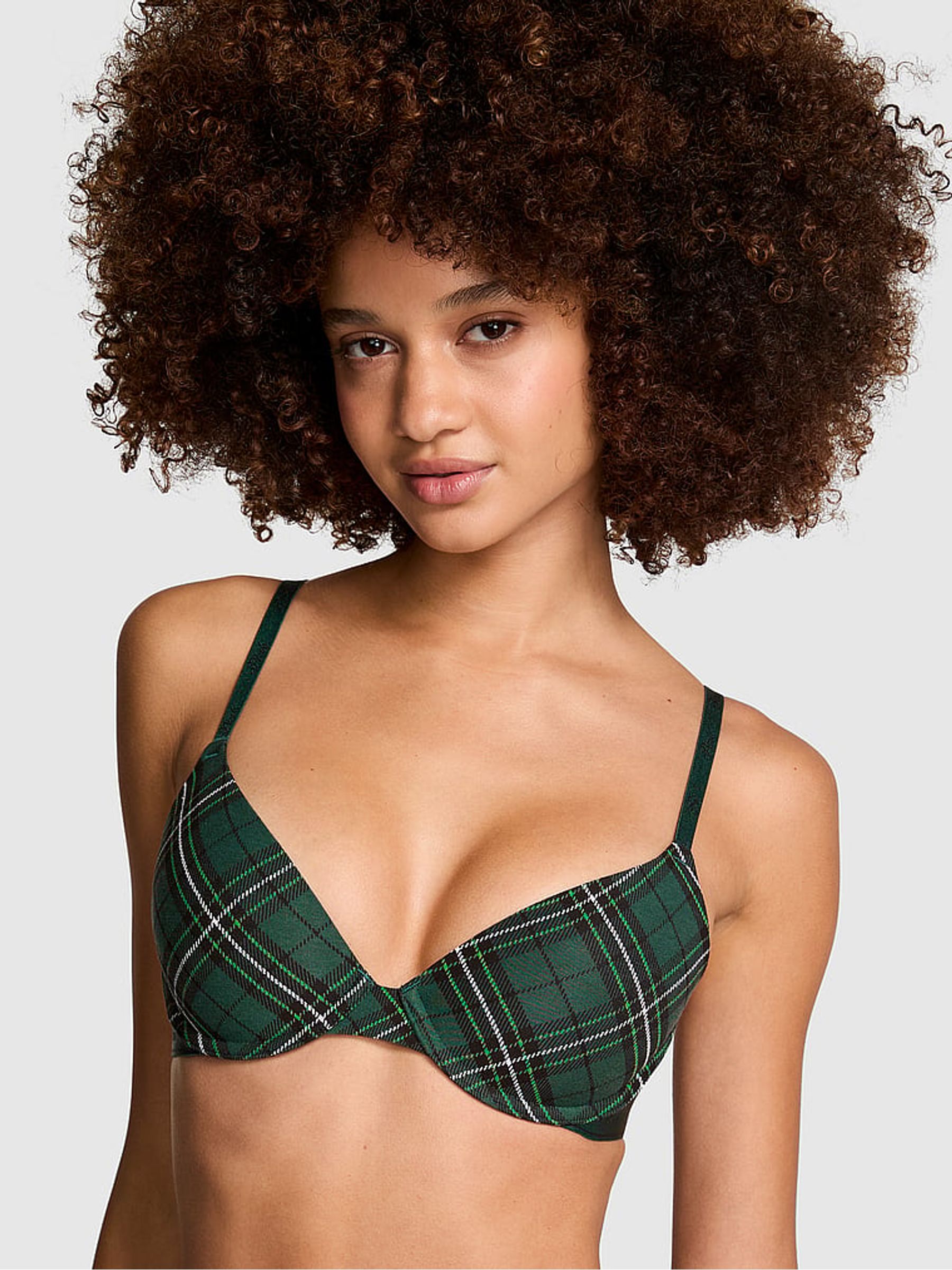 Deep Forest Green Plaid T Shirt Cotton Logo Bra - Image 1 of 4