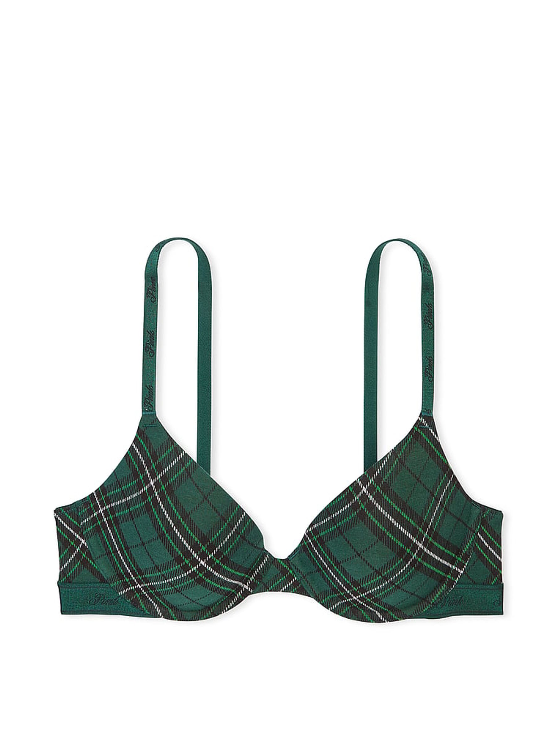 Deep Forest Green Plaid T Shirt Cotton Logo Bra - Image 4 of 4