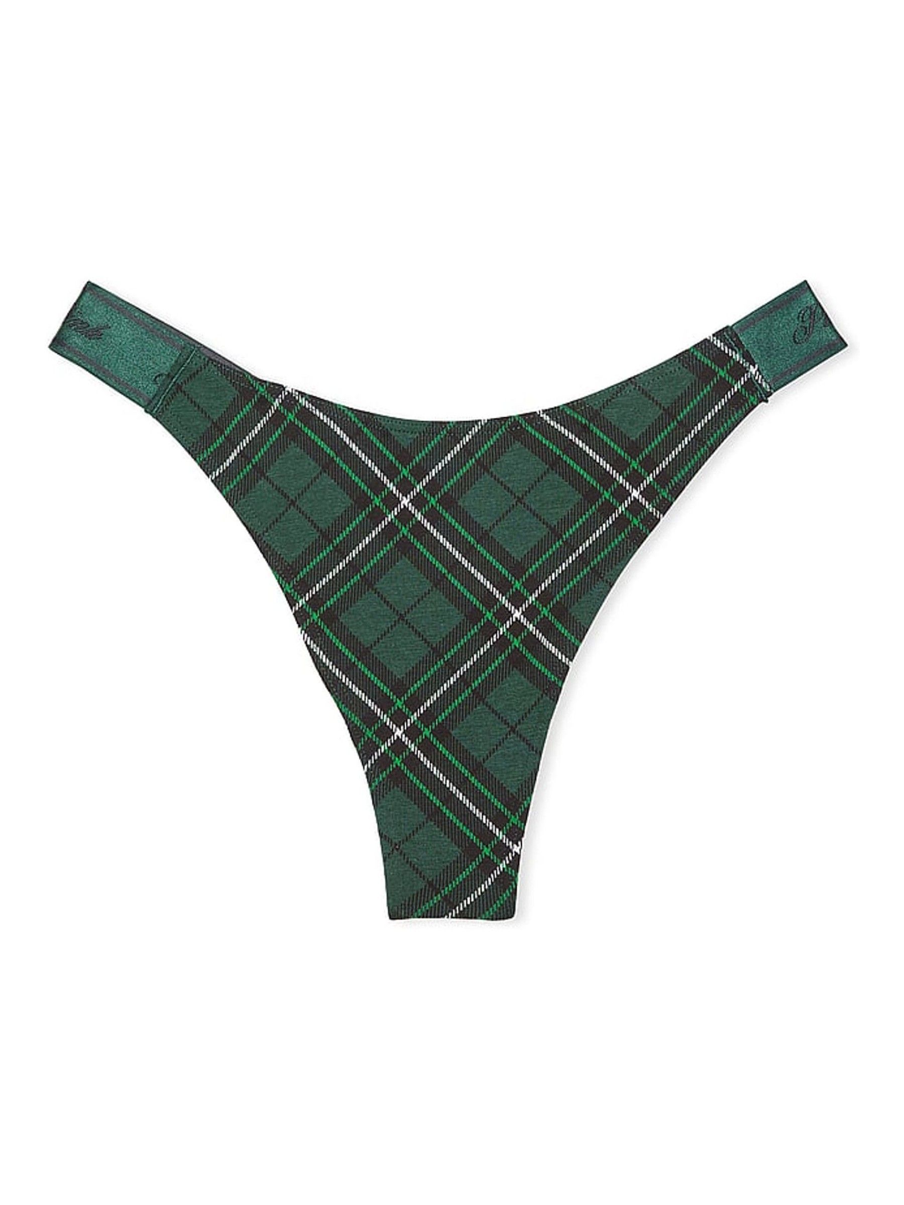 Deep Forest Green Plaid Thong Cotton Logo Knickers - Image 1 of 1