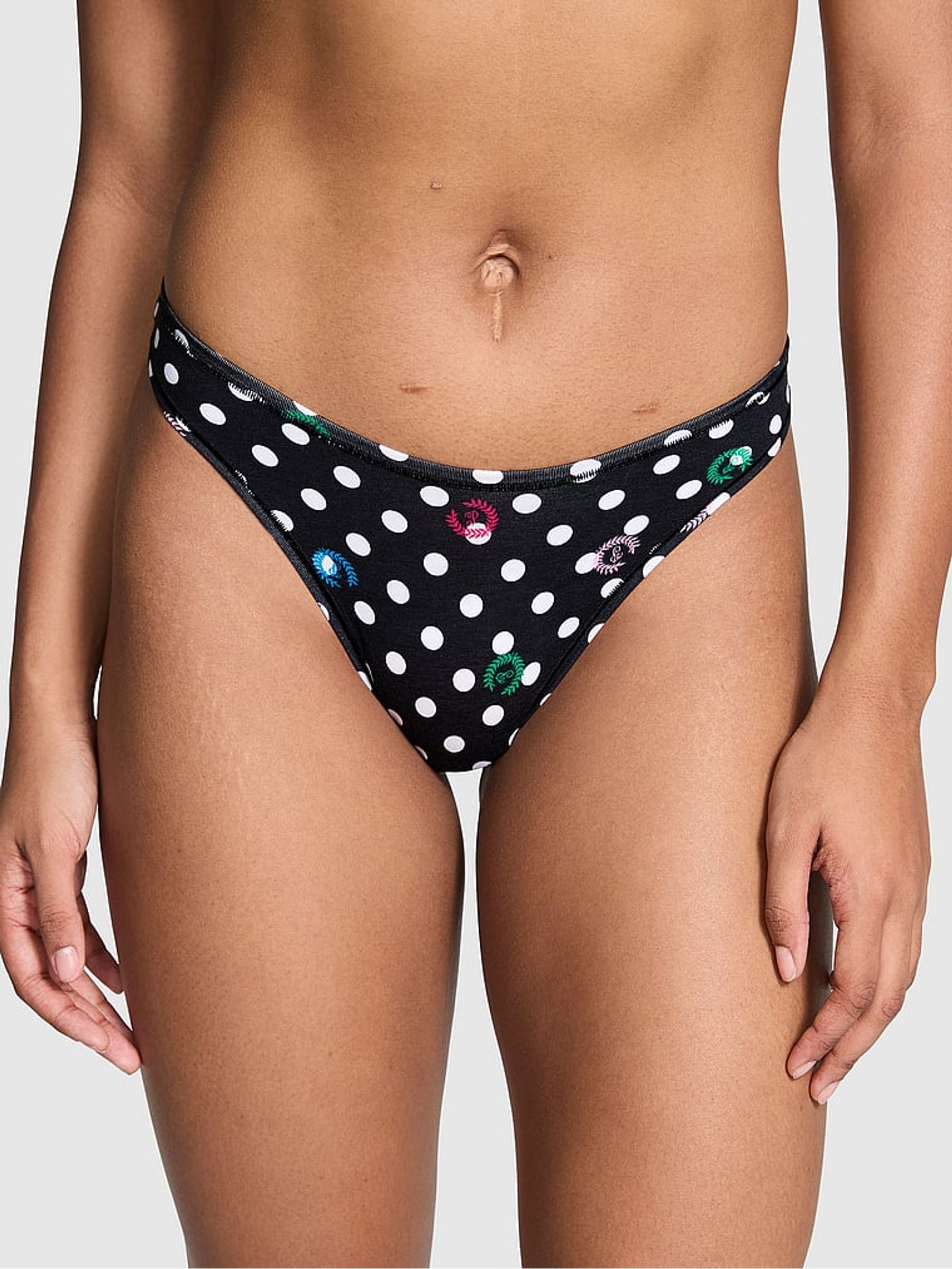Pure Black Dot Print Thong Cotton Knickers - Image 1 of 3