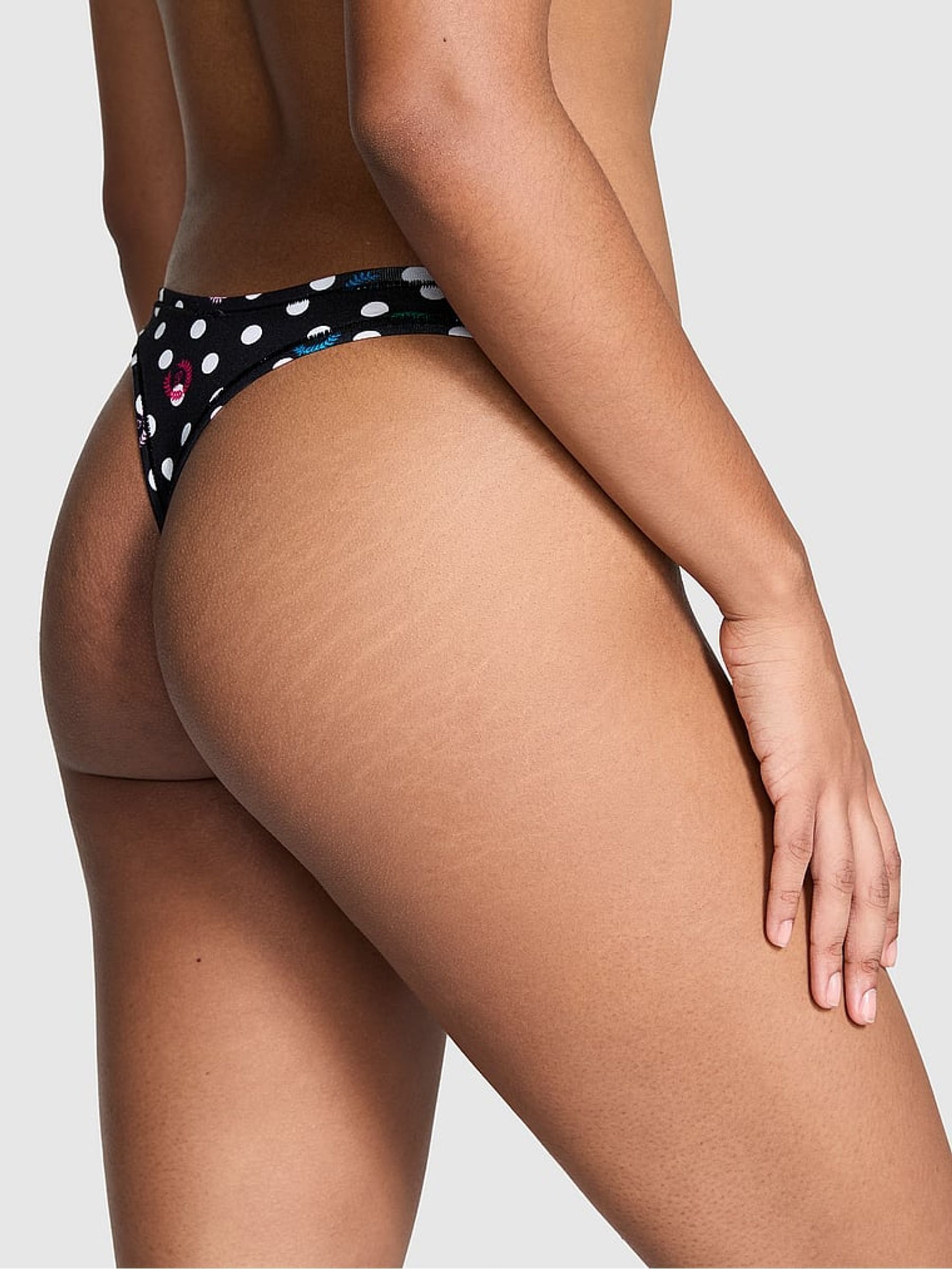 Pure Black Dot Print Thong Cotton Knickers - Image 2 of 3