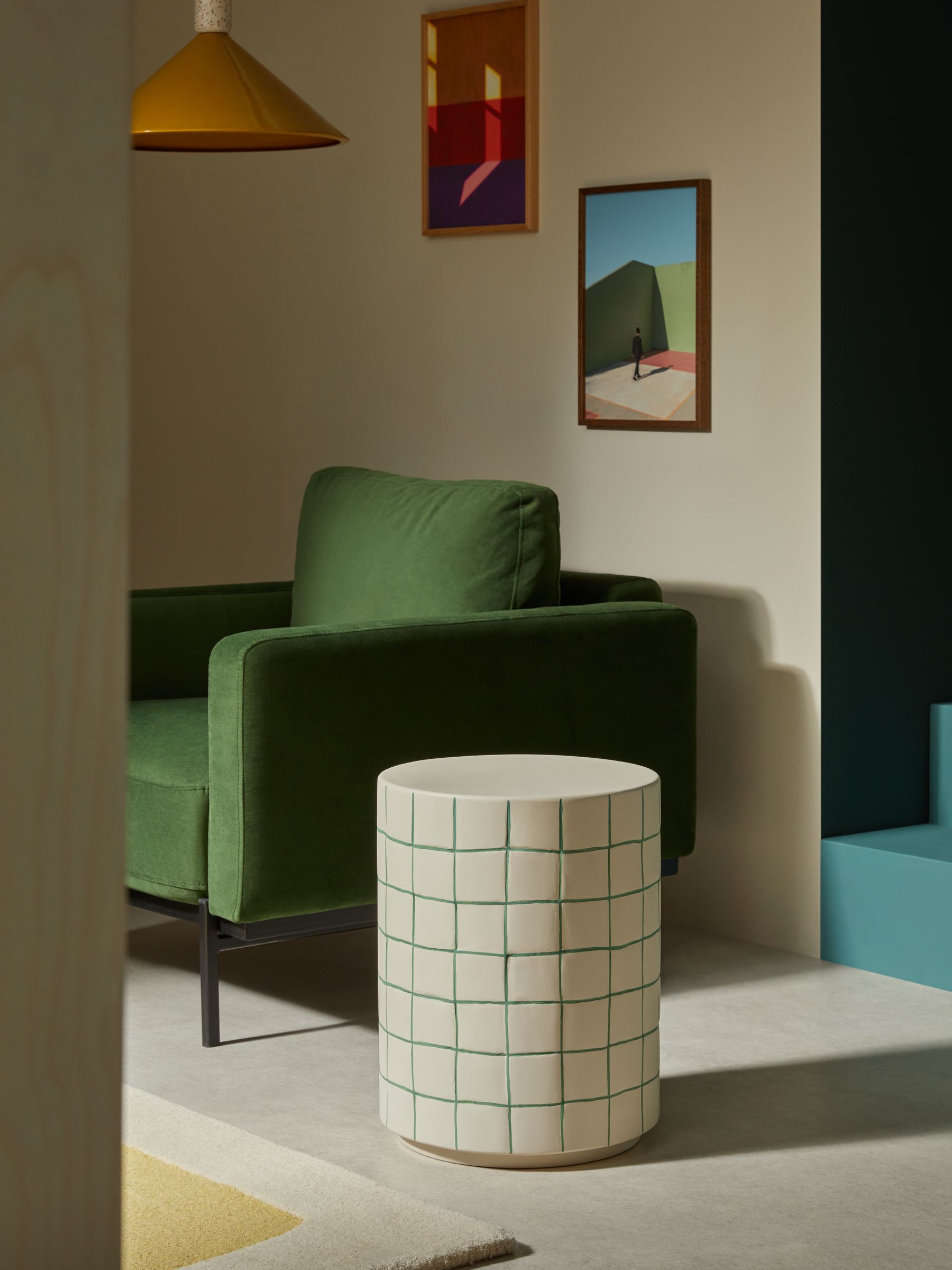 Logan Indoor/Outdoor Side Table in White Green Check - Image 1 of 4