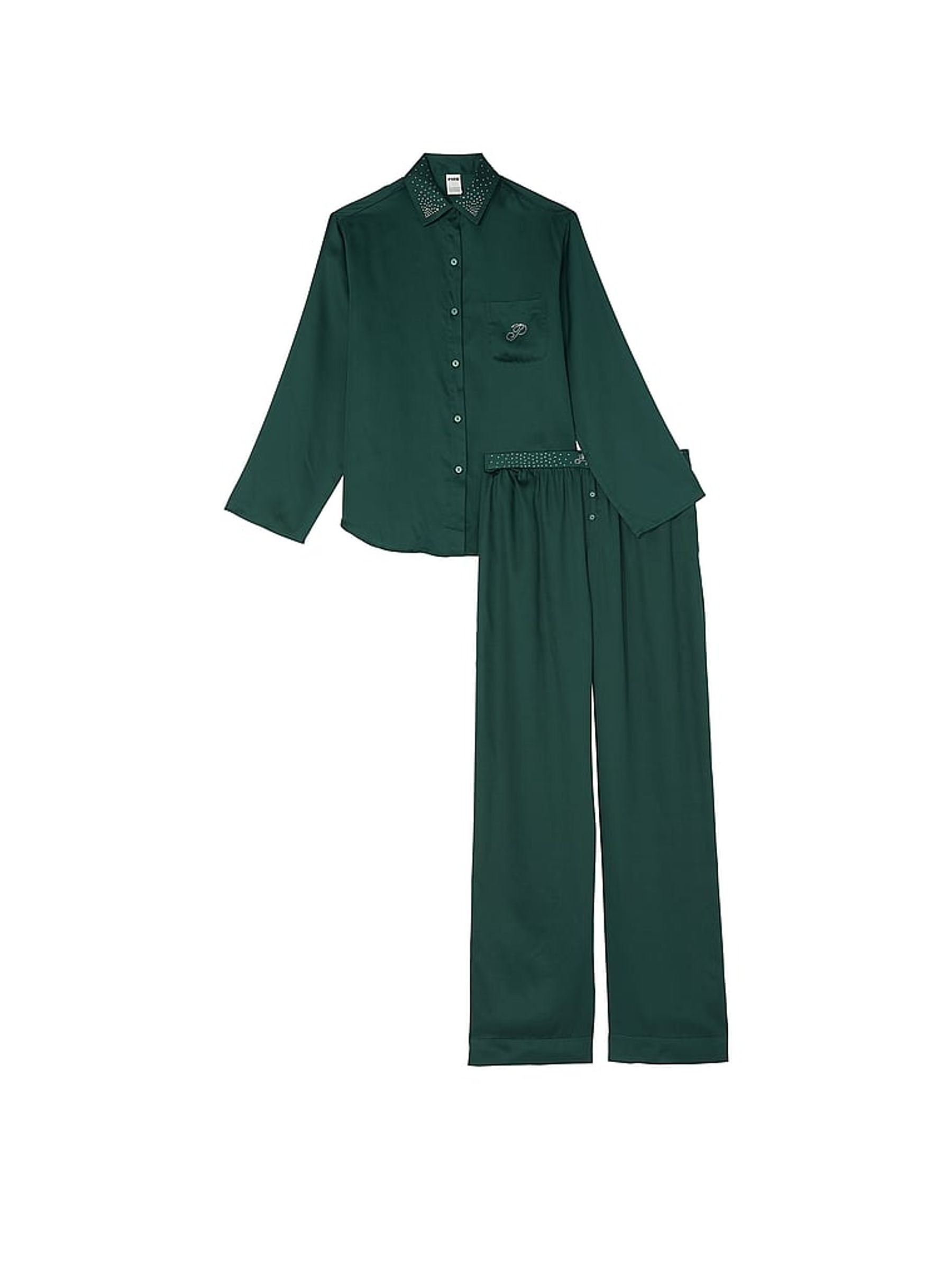 Deep Forest Green Diamante Long Pyjama Set - Image 3 of 3