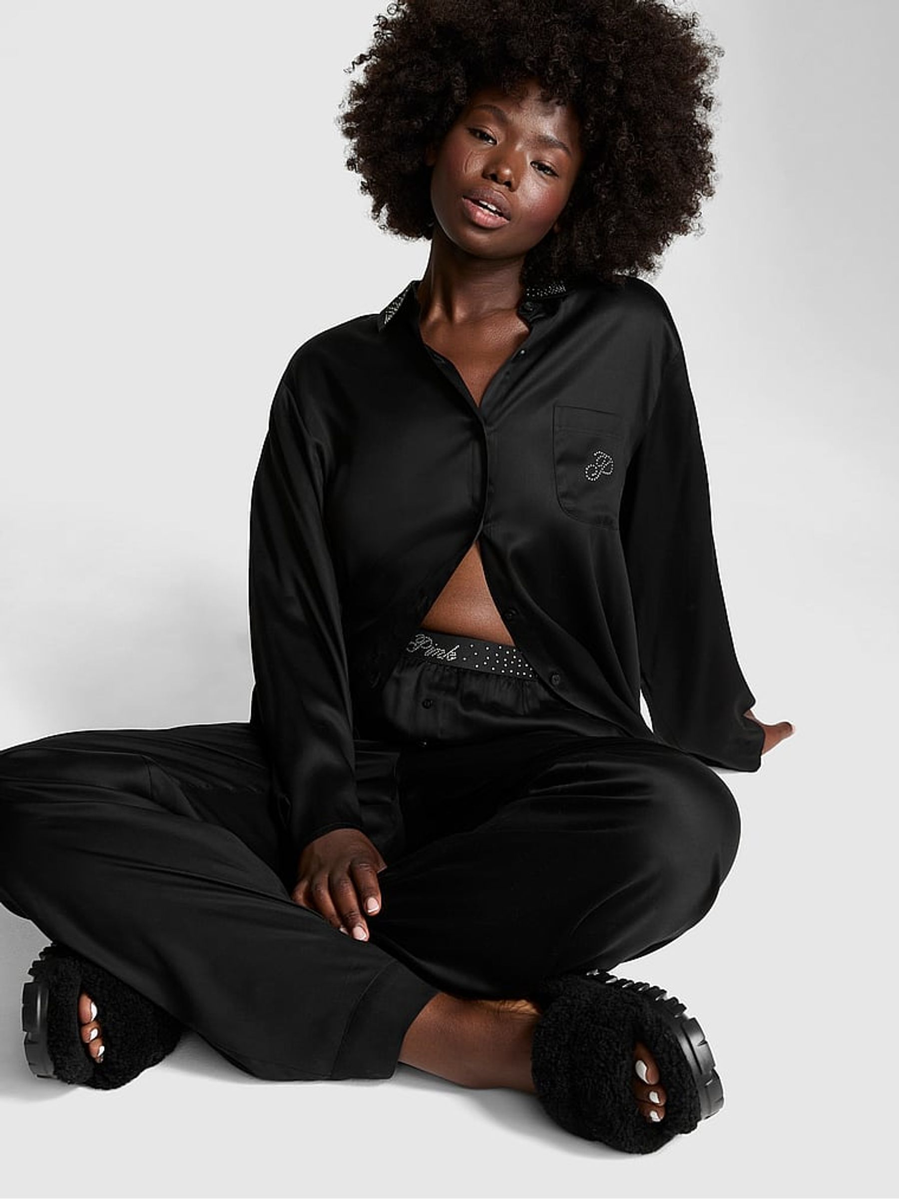 Black Diamante Long Pyjama Set - Image 1 of 2