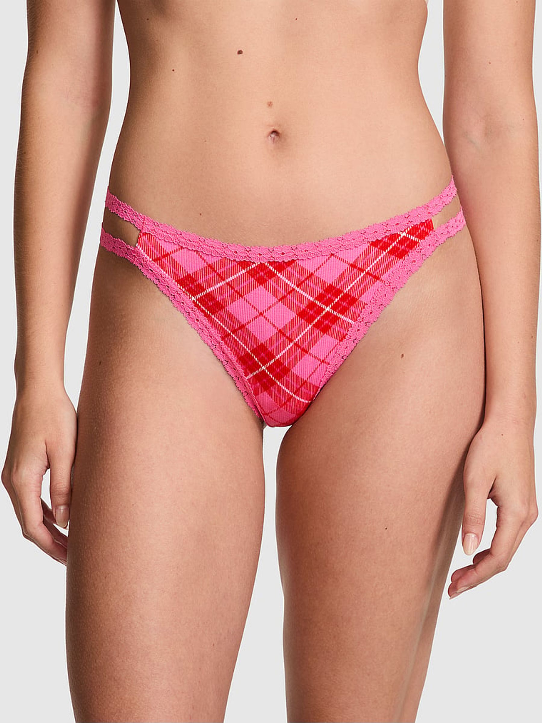 Pink Rose Plaid Lace Trim Rib Strappy Thong Knickers - Image 1 of 4