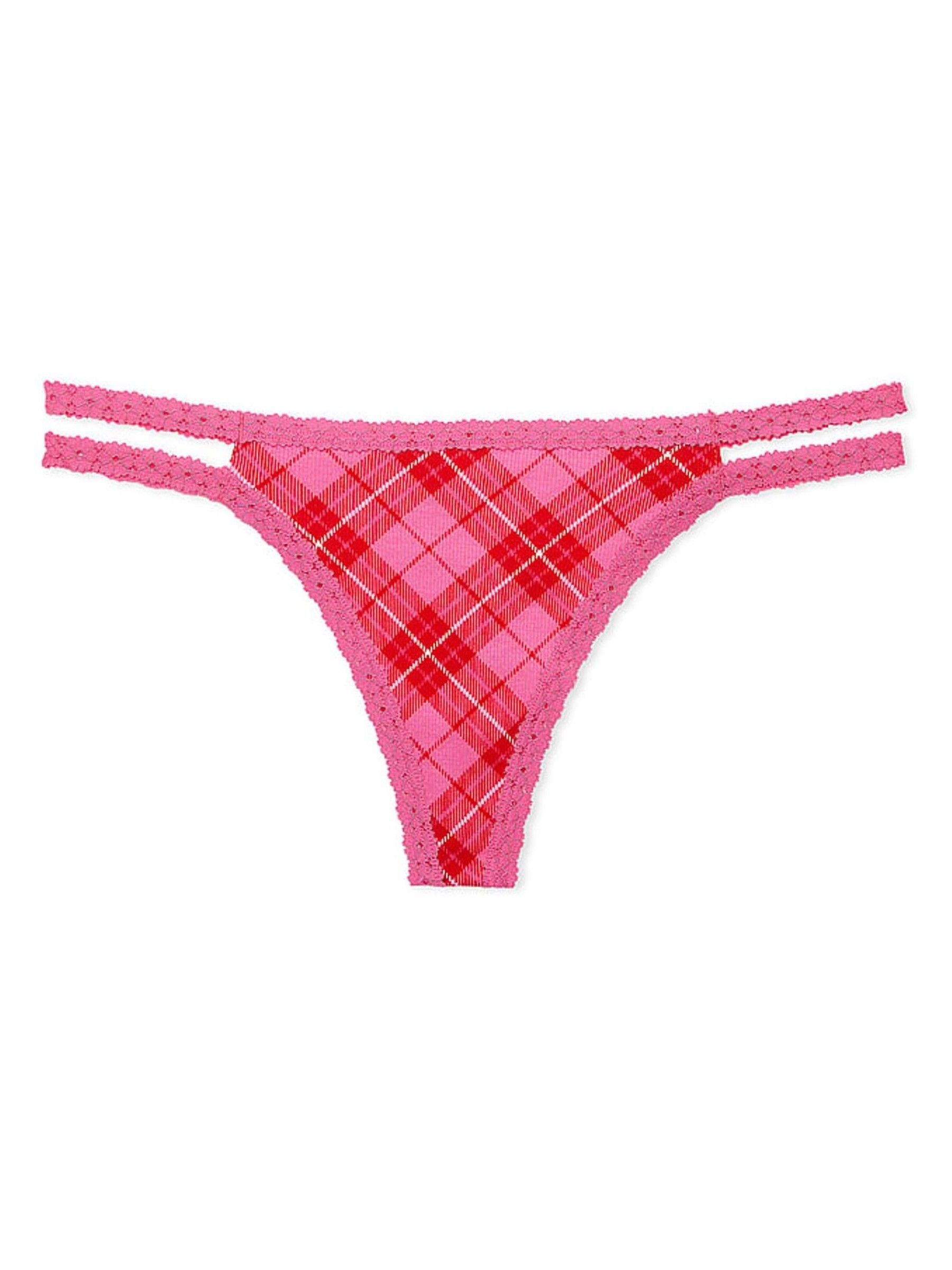 Pink Rose Plaid Lace Trim Rib Strappy Thong Knickers - Image 4 of 4