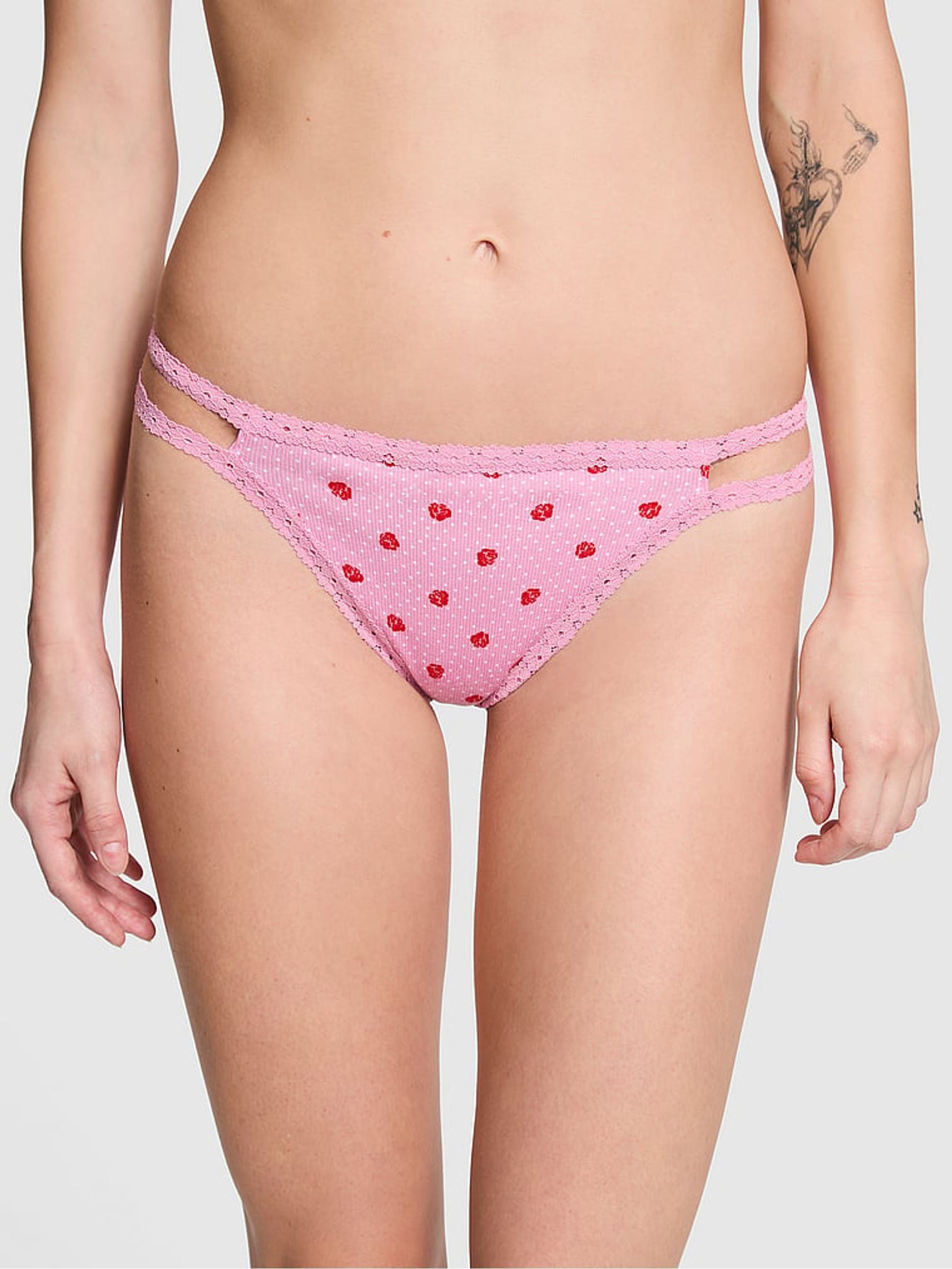 Moonstone Pink Floral Print Lace Trim Rib Strappy Thong Knickers - Image 1 of 3