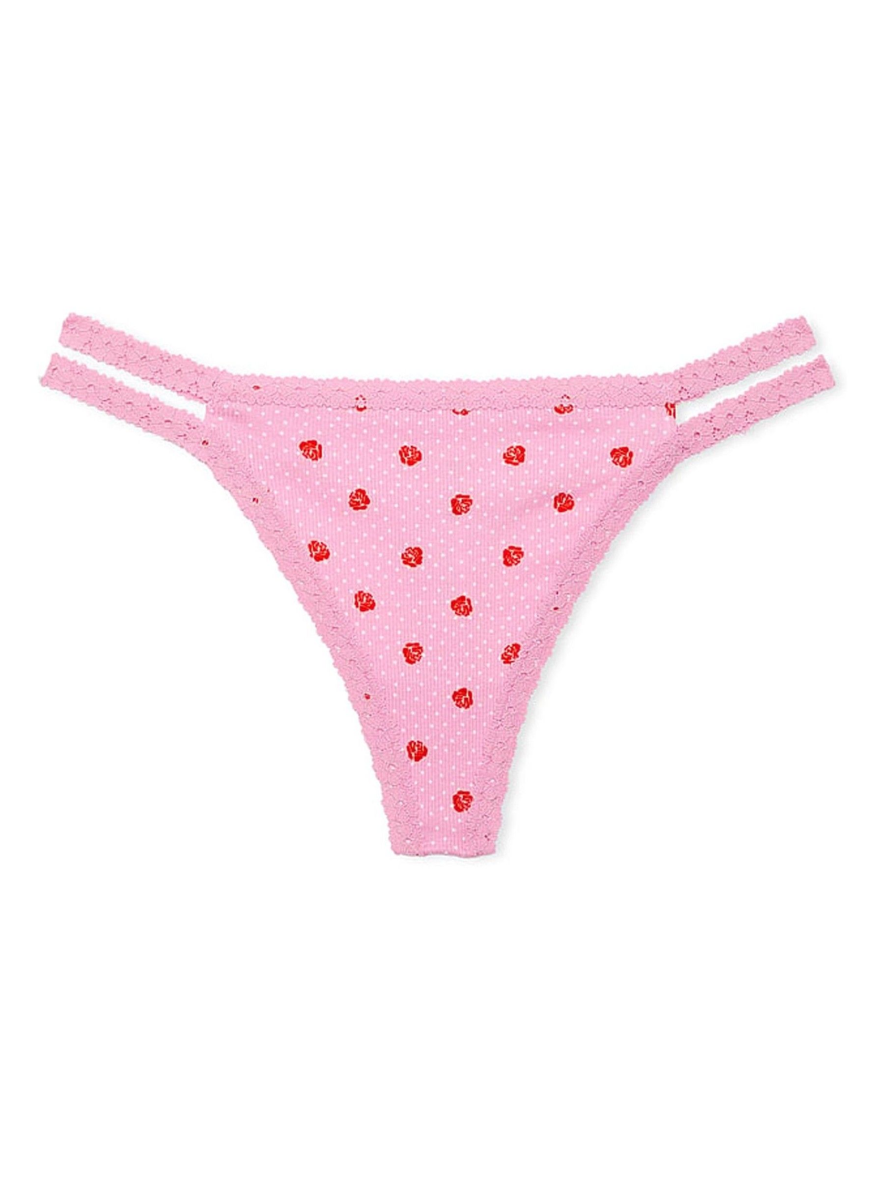 Moonstone Pink Floral Print Lace Trim Rib Strappy Thong Knickers - Image 3 of 3