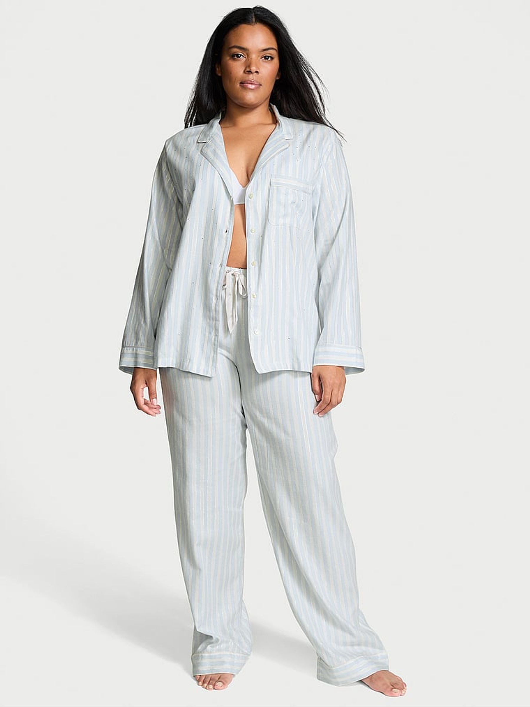 Soft Sky Stripe Blue Flannel Long Pyjama Set Victoria's Secret UK