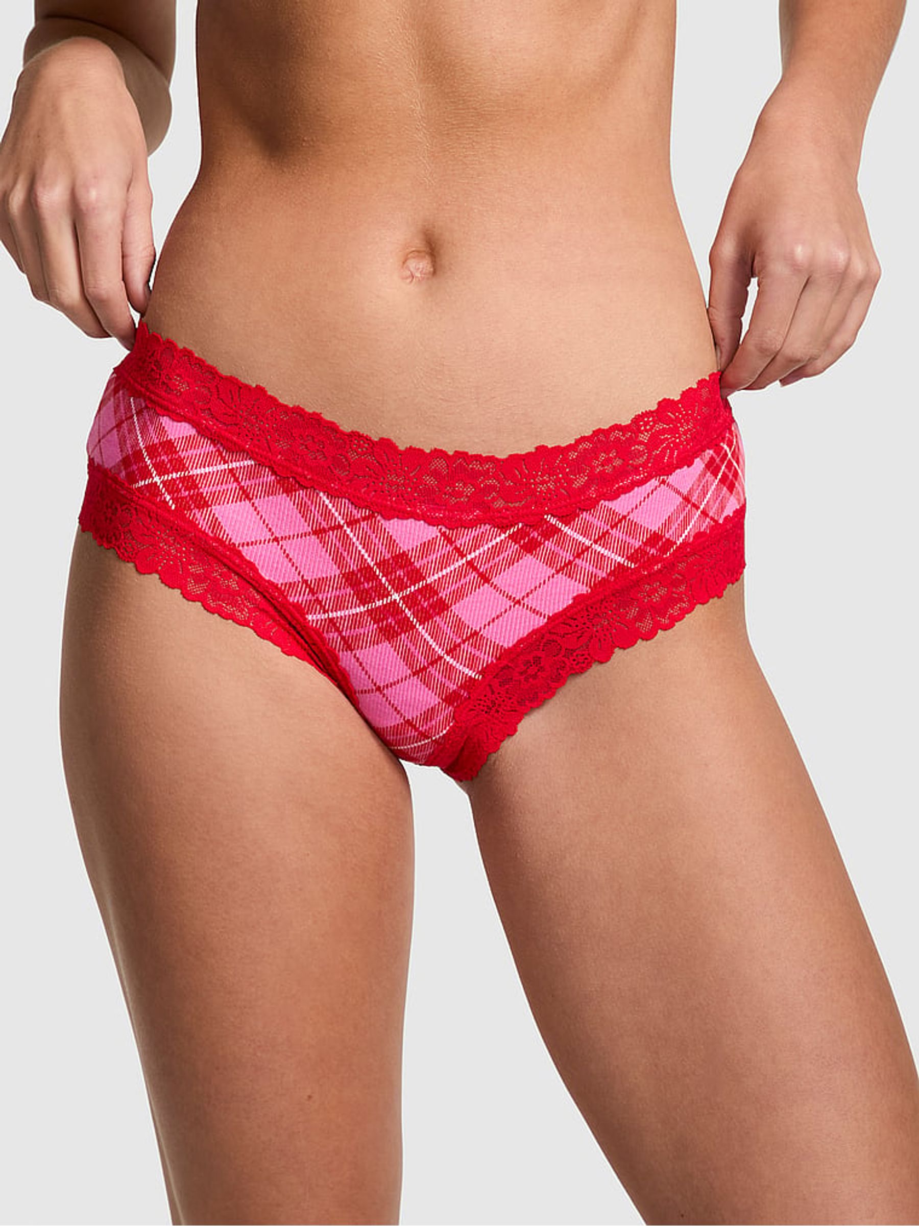Pink Rose Plaid Lace Trim Rib Cheeky Knickers - Image 1 of 3