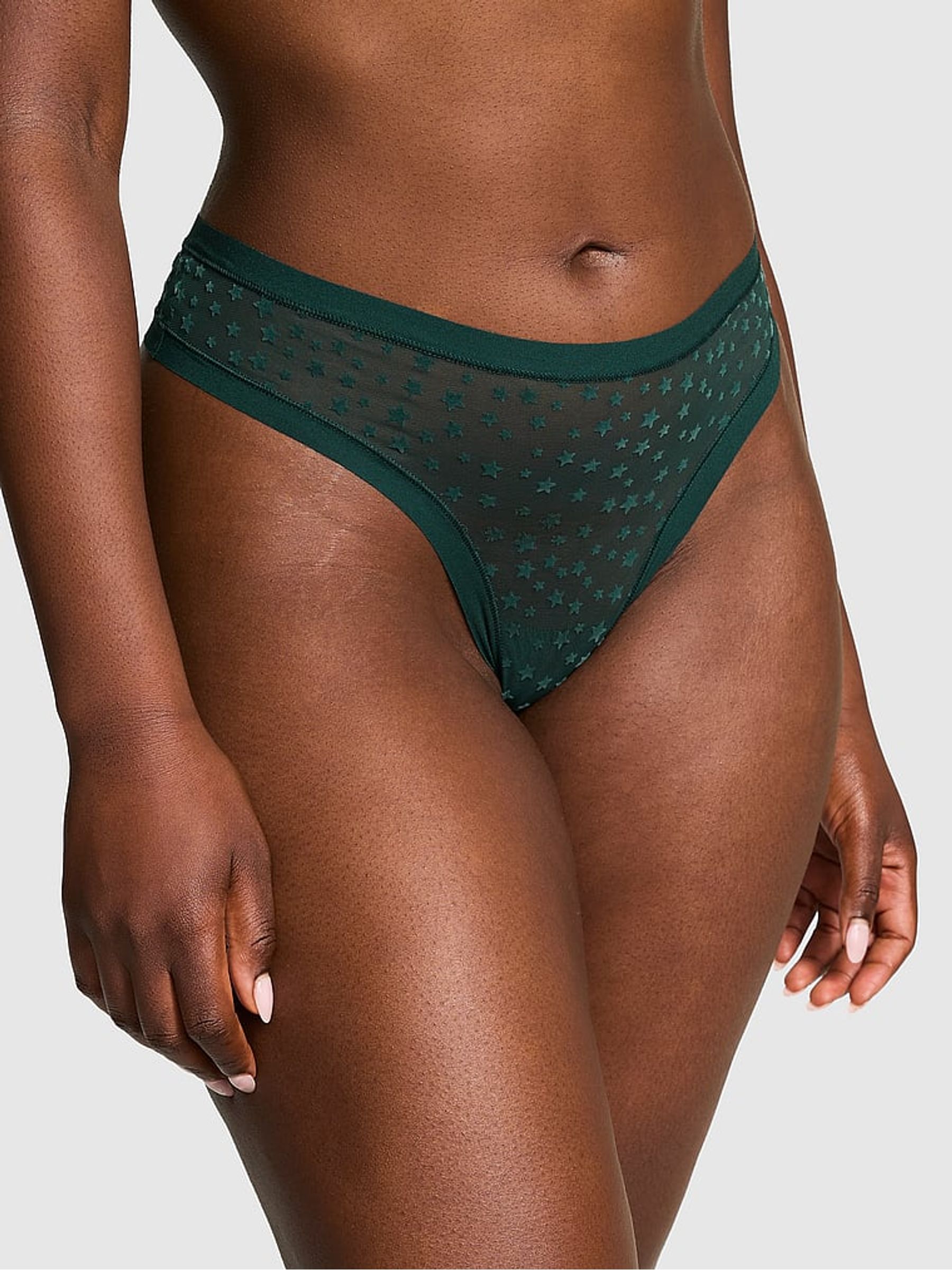 Deep Forest Green Thong No Show Star Mesh Knickers - Image 1 of 3
