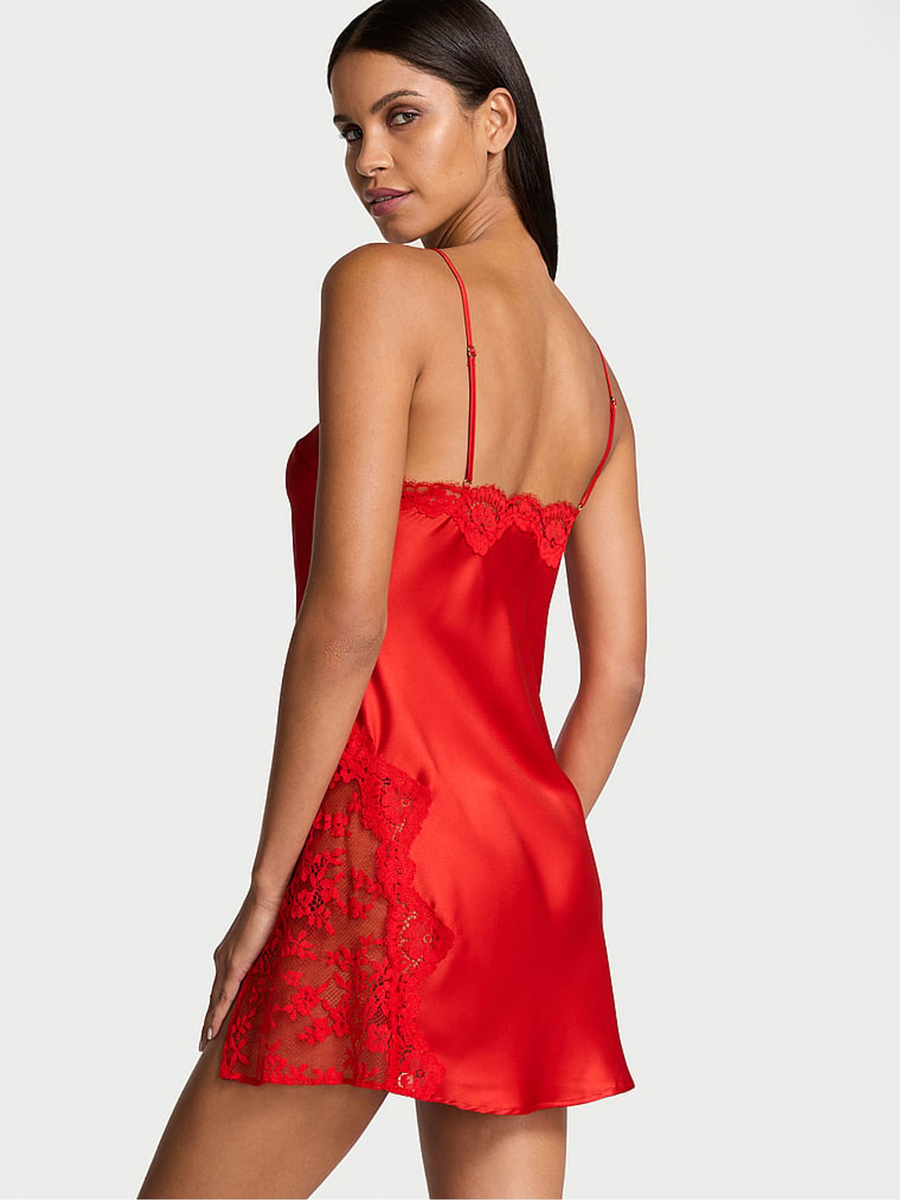 Vermillion Red Asymetrical Lace Satin Slip Dress - Image 2 of 4