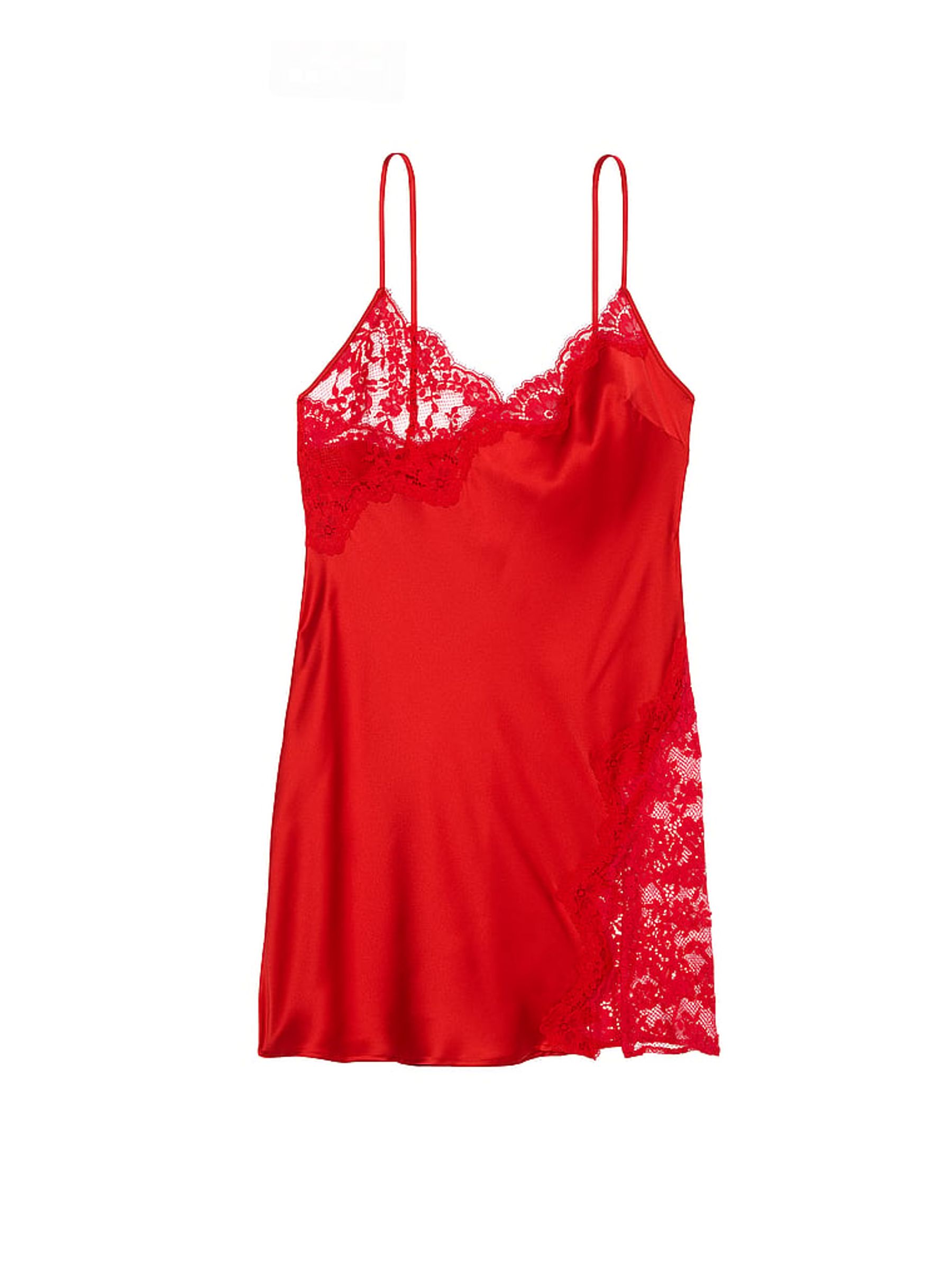 Vermillion Red Asymetrical Lace Satin Slip Dress - Image 4 of 4