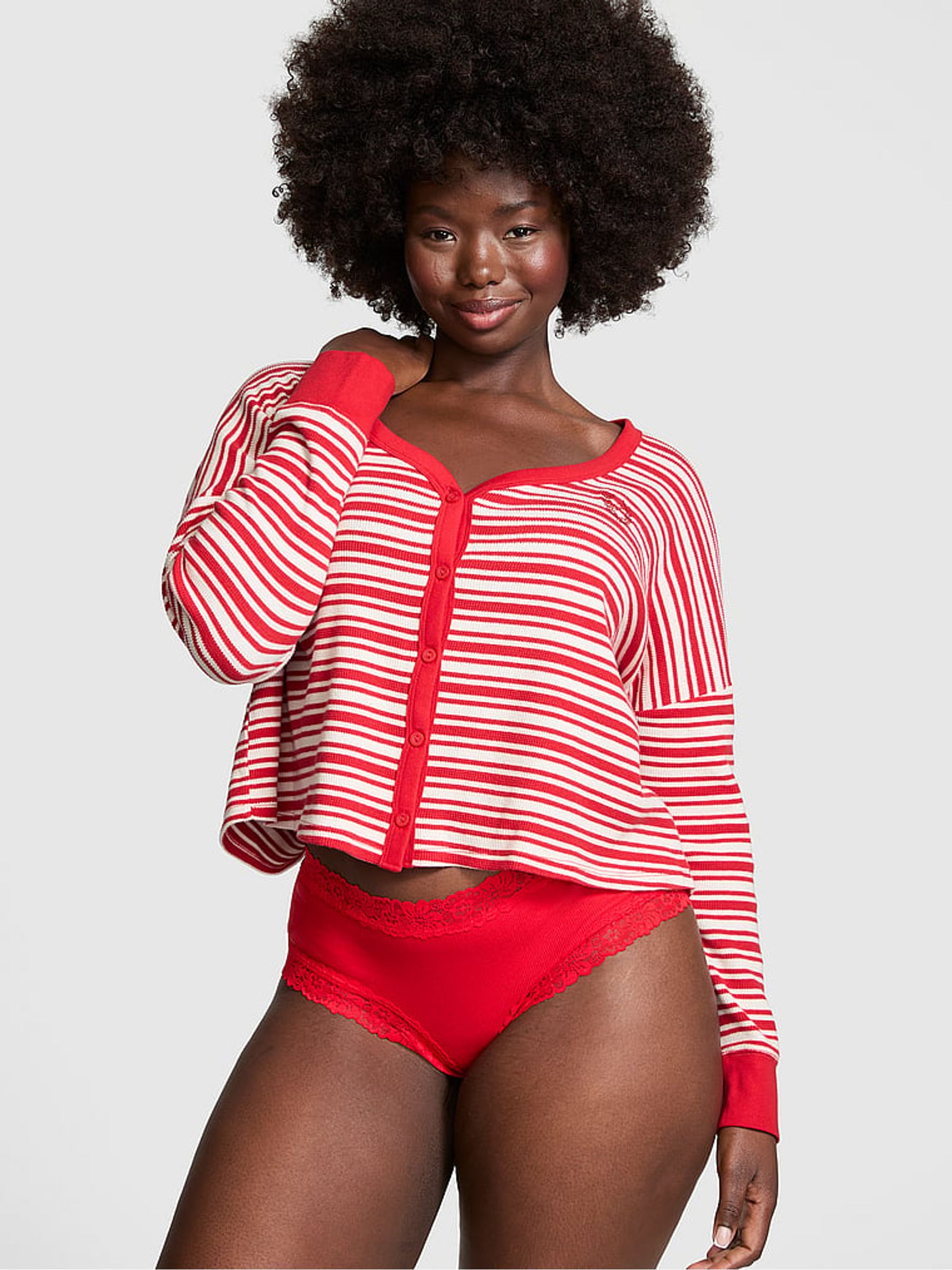 Vermillion Red Stripes Thermal Cropped Cardigan Pyjama Top - Image 1 of 3
