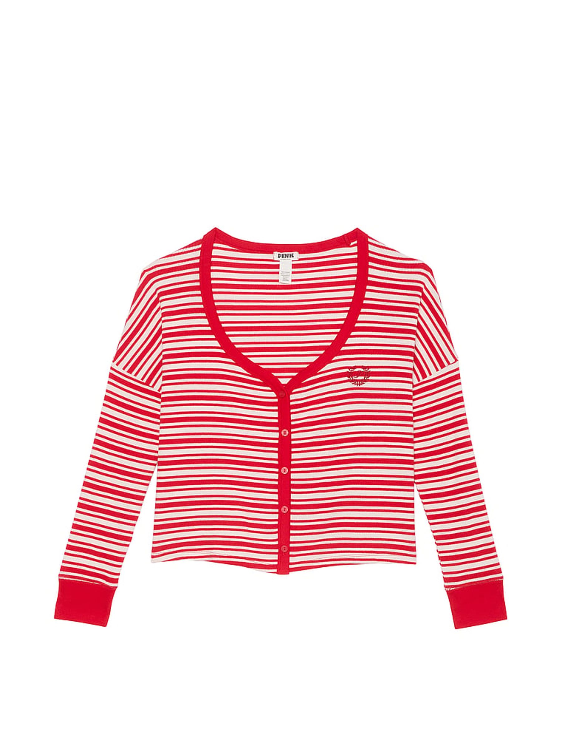 Vermillion Red Stripes Thermal Cropped Cardigan Pyjama Top - Image 3 of 3