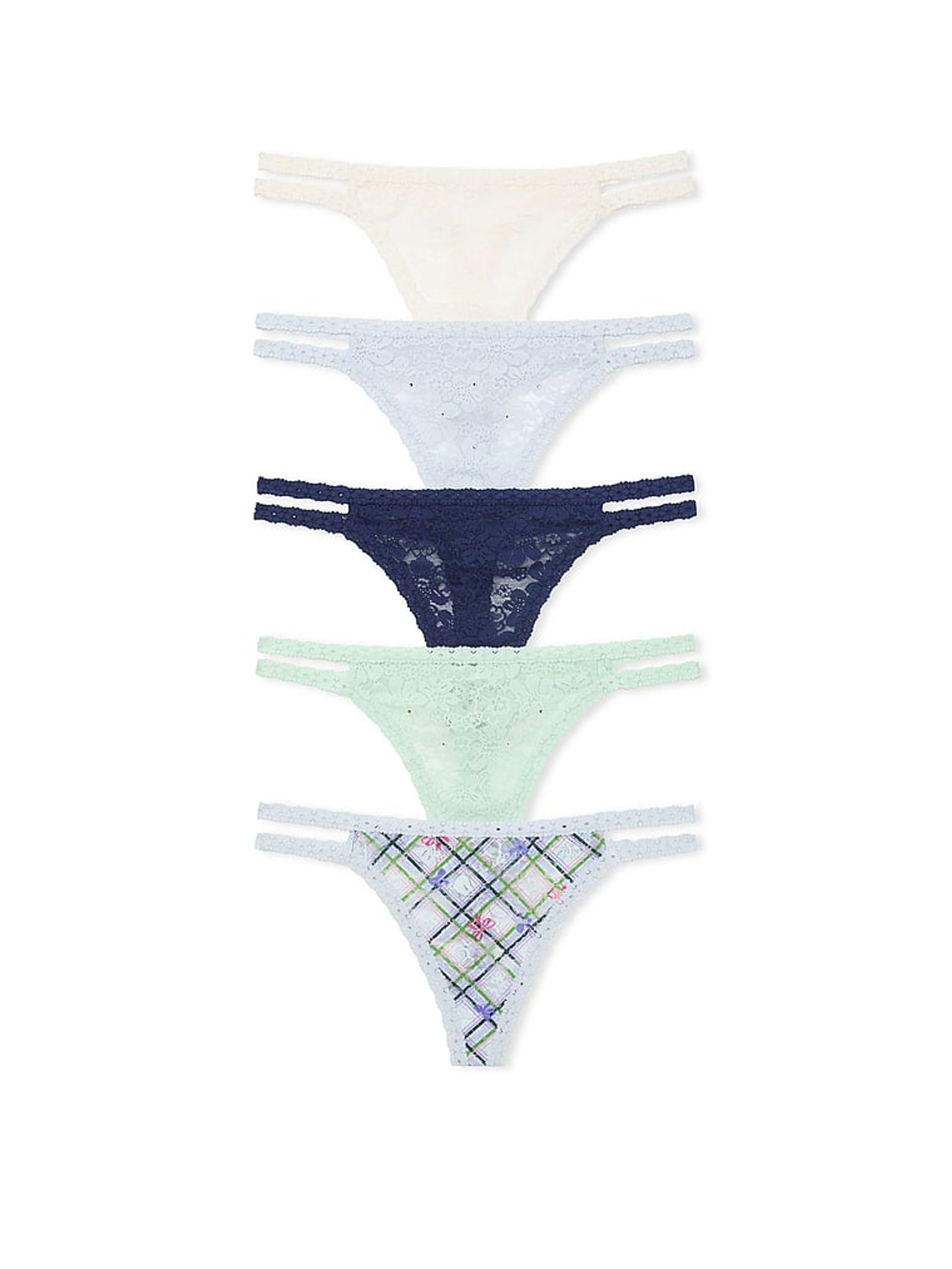 White/Blue/Navy/Green Thong 5 Pack Knickers - Image 1 of 3