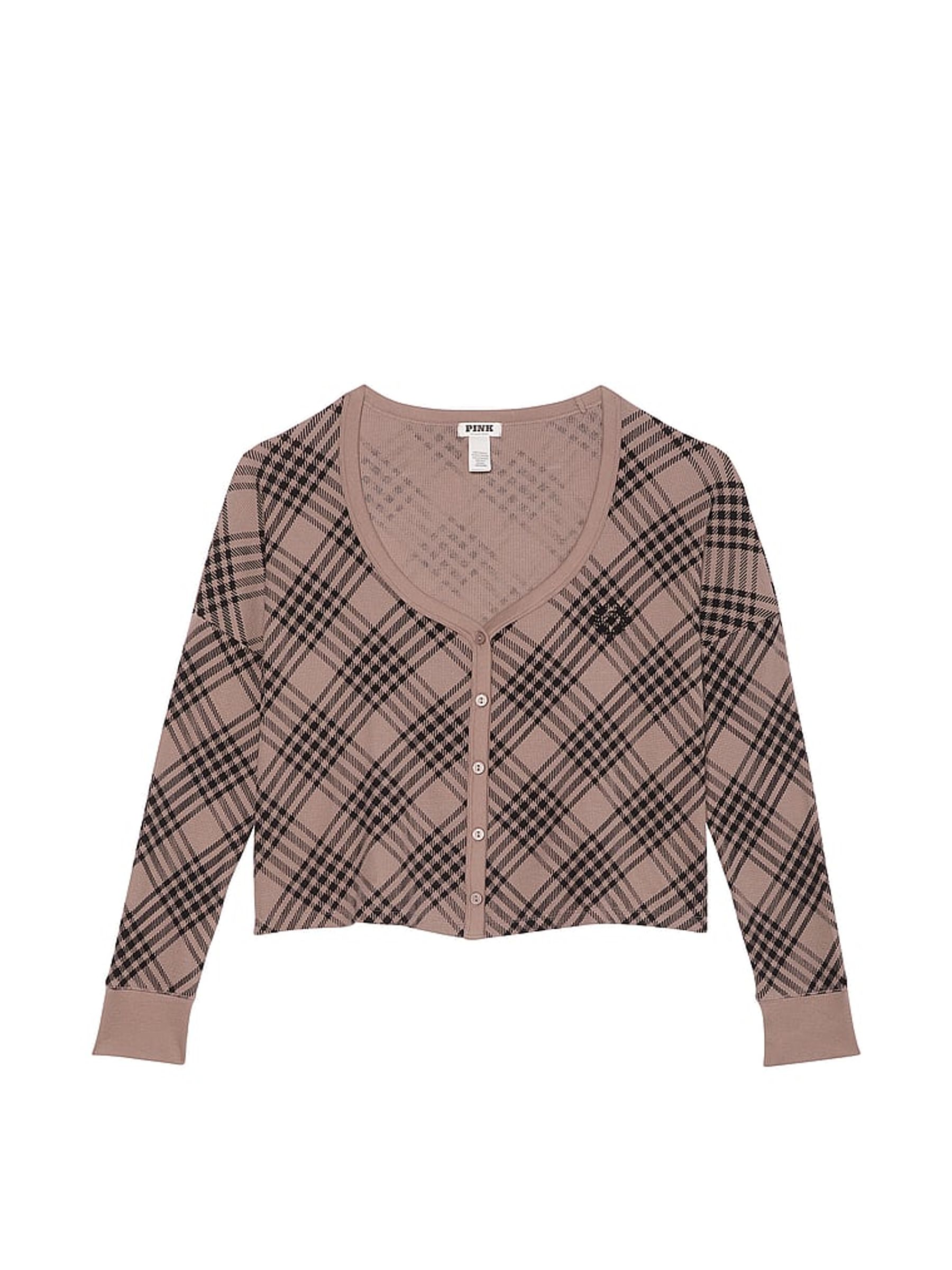 Iced Coffee Brown Thermal Cropped Cardigan Pyjama Top - Image 3 of 3
