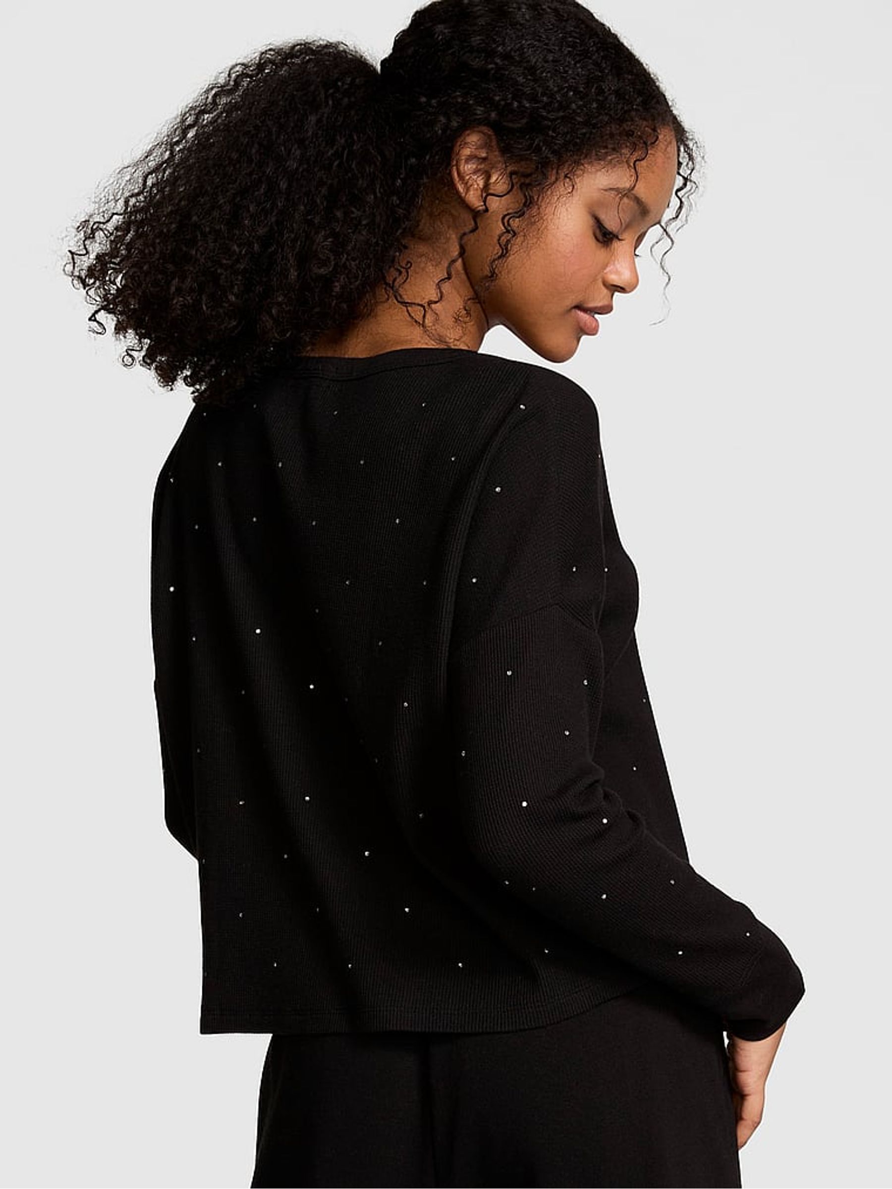 Black Diamante Thermal Cropped Cardigan Pyjama Top - Image 2 of 4