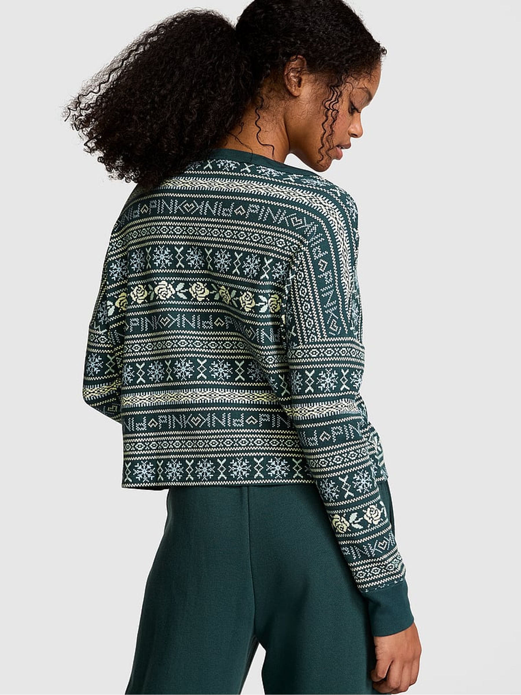 Deep Forest Green Thermal Cropped Cardigan Pyjama Top - Image 2 of 3