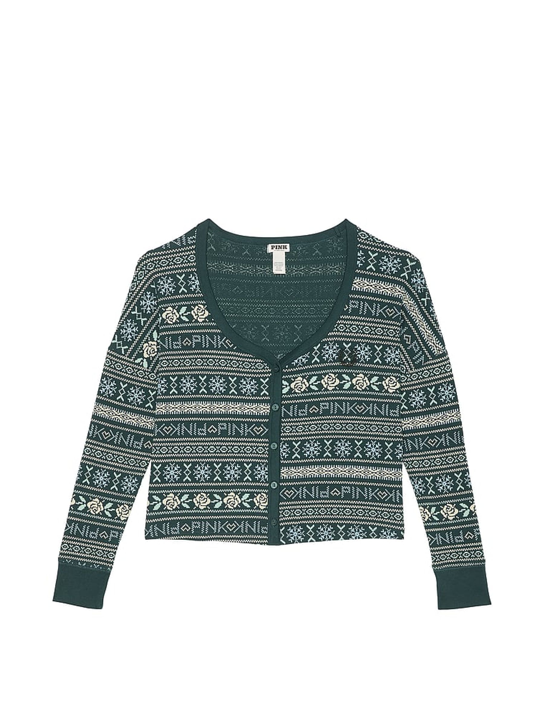 Deep Forest Green Thermal Cropped Cardigan Pyjama Top - Image 3 of 3