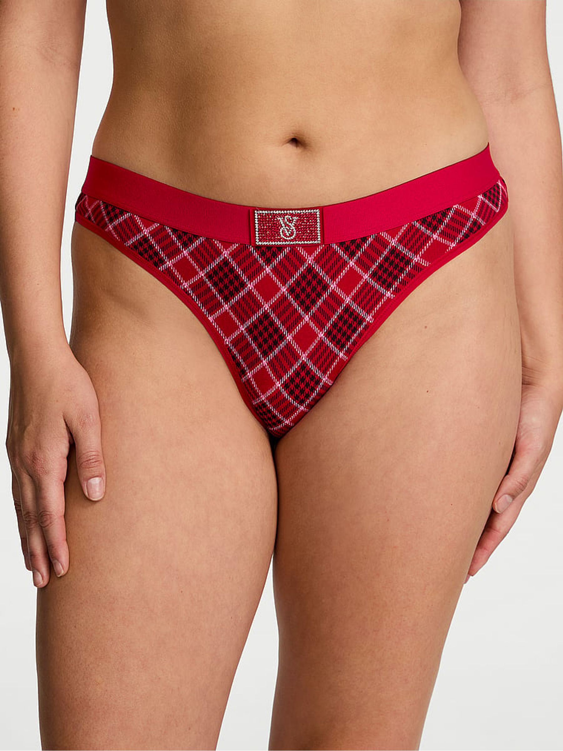 Red Plaid Thong Logo Shine Patch Knickers - Image 1 of 2