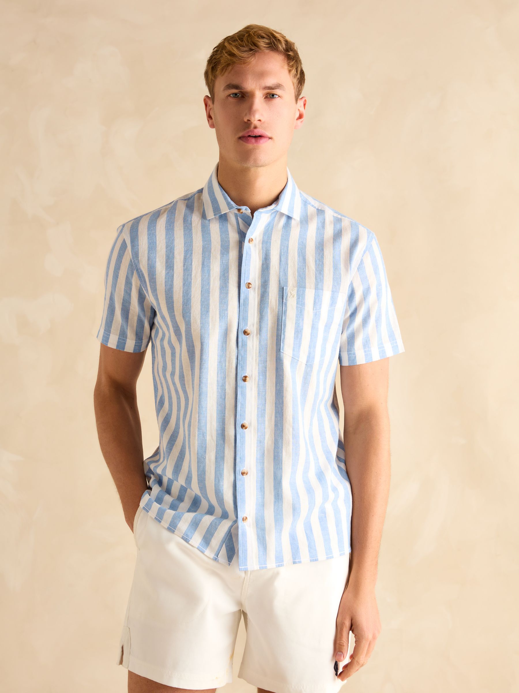 Linen Blend Blue & White Stripe Short Sleeve Shirt - Image 2 of 7