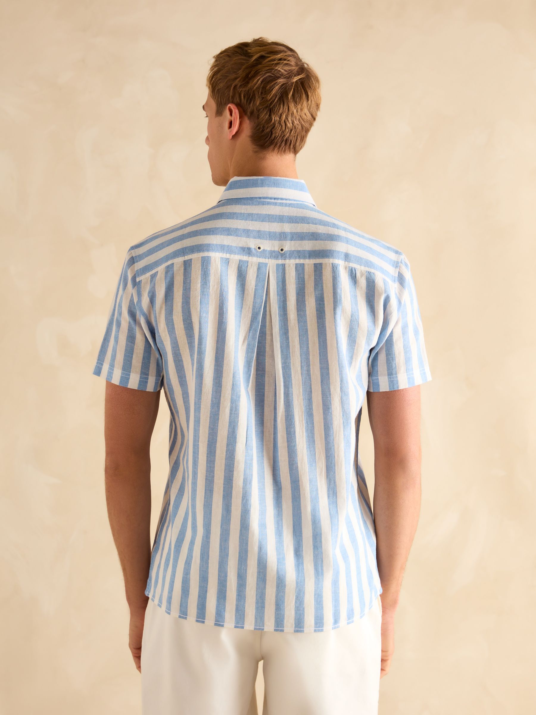 Linen Blend Blue & White Stripe Short Sleeve Shirt - Image 3 of 7