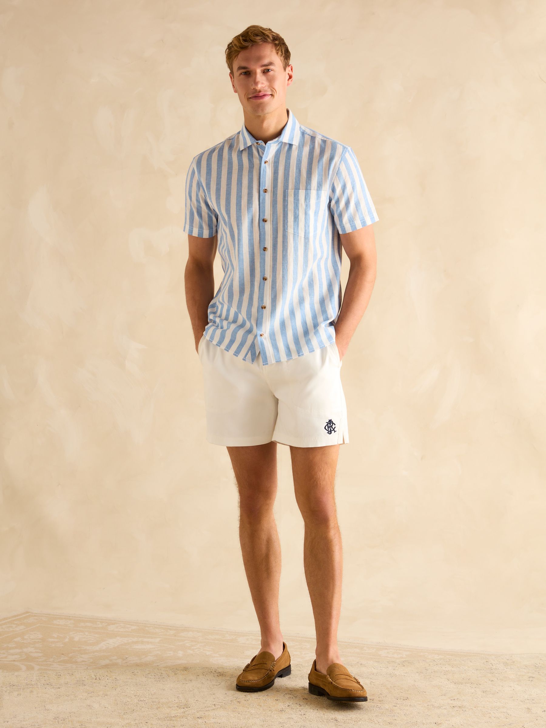 Linen Blend Blue & White Stripe Short Sleeve Shirt - Image 4 of 7