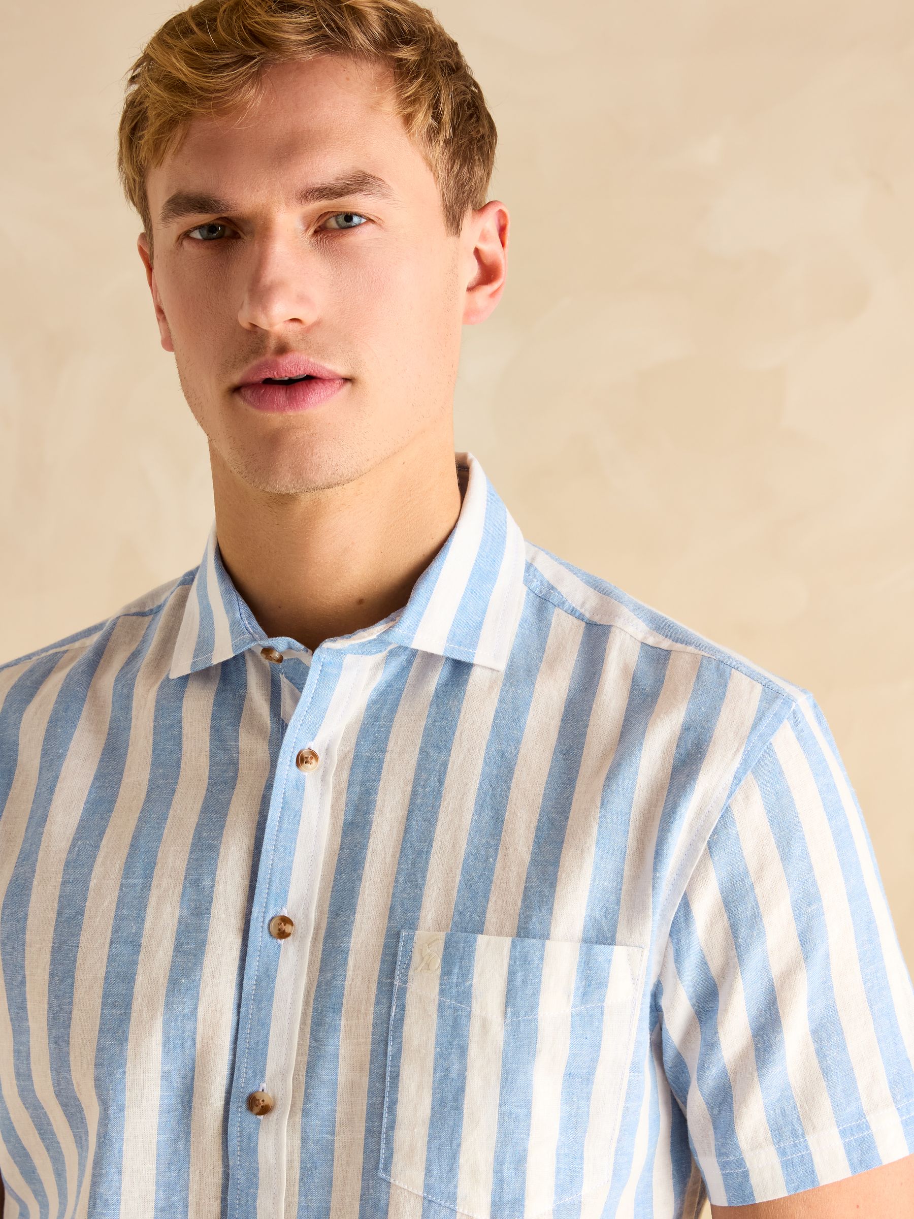 Linen Blend Blue & White Stripe Short Sleeve Shirt - Image 5 of 7