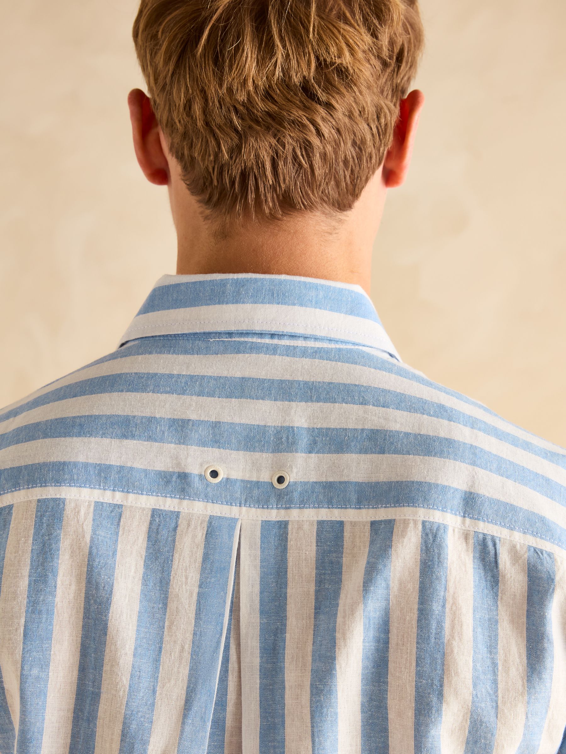 Linen Blend Blue & White Stripe Short Sleeve Shirt - Image 6 of 7