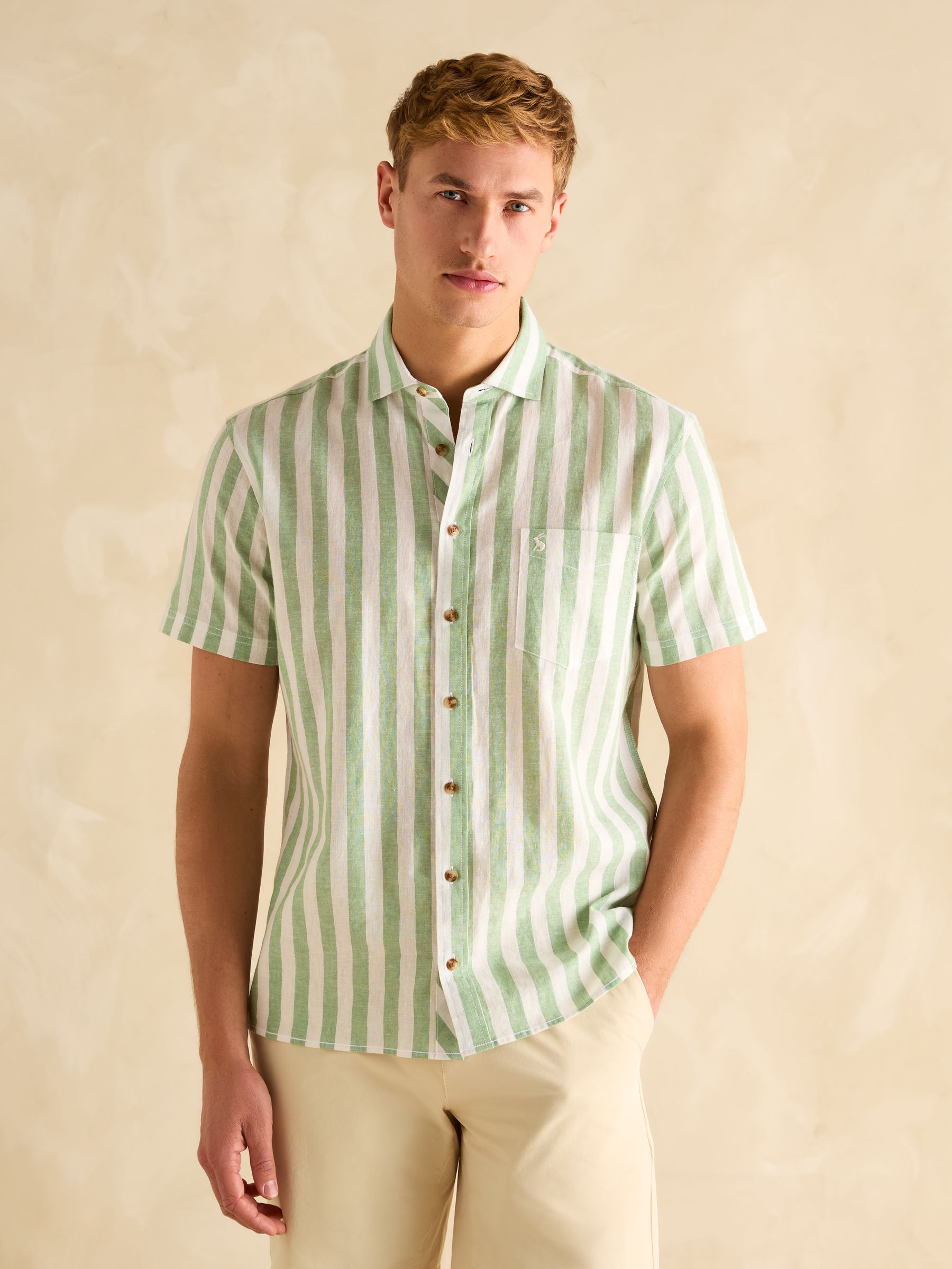 Linen Blend Green/ White Stripe Shirt - Image 4 of 10