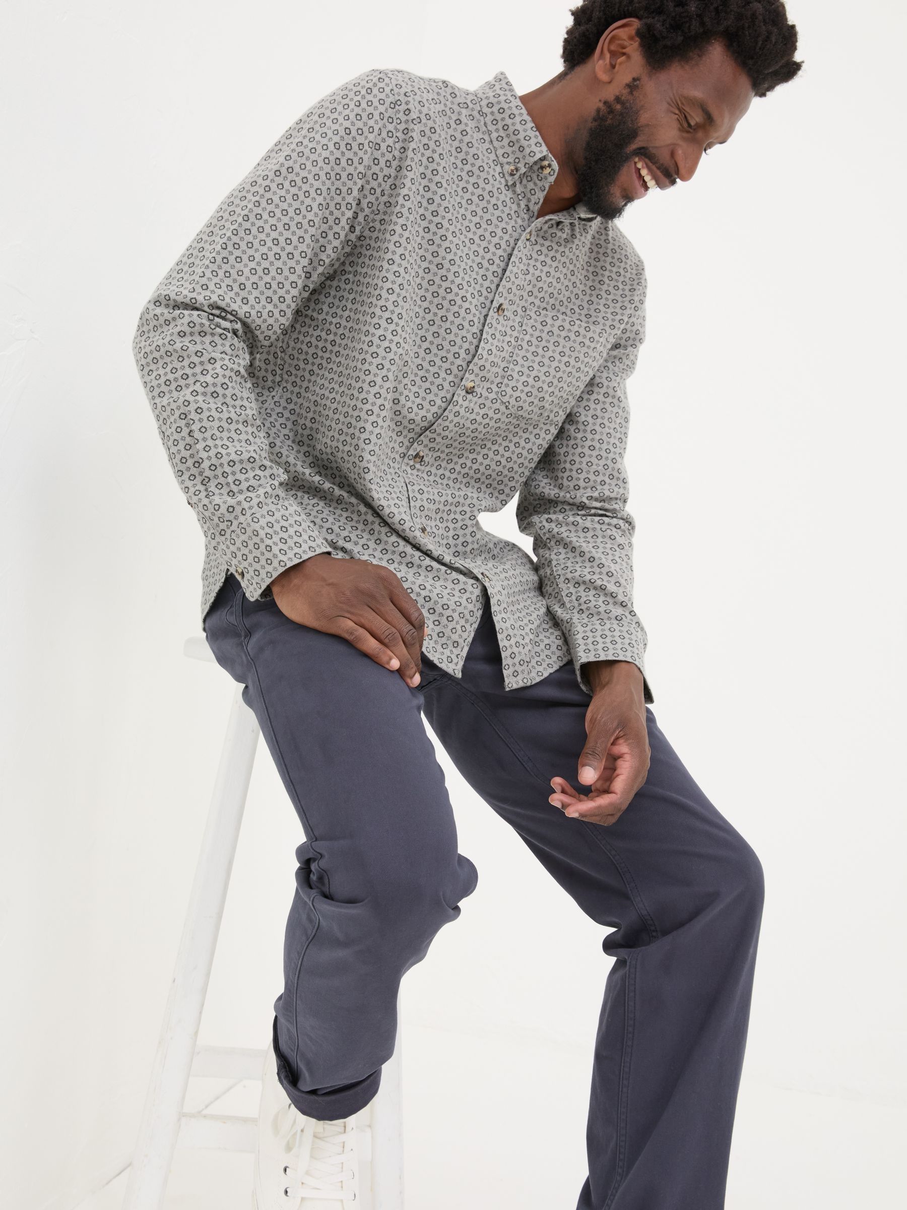 Light Grey Long Sleeve Geo Print 100% Cotton Shirt - Image 3 of 6
