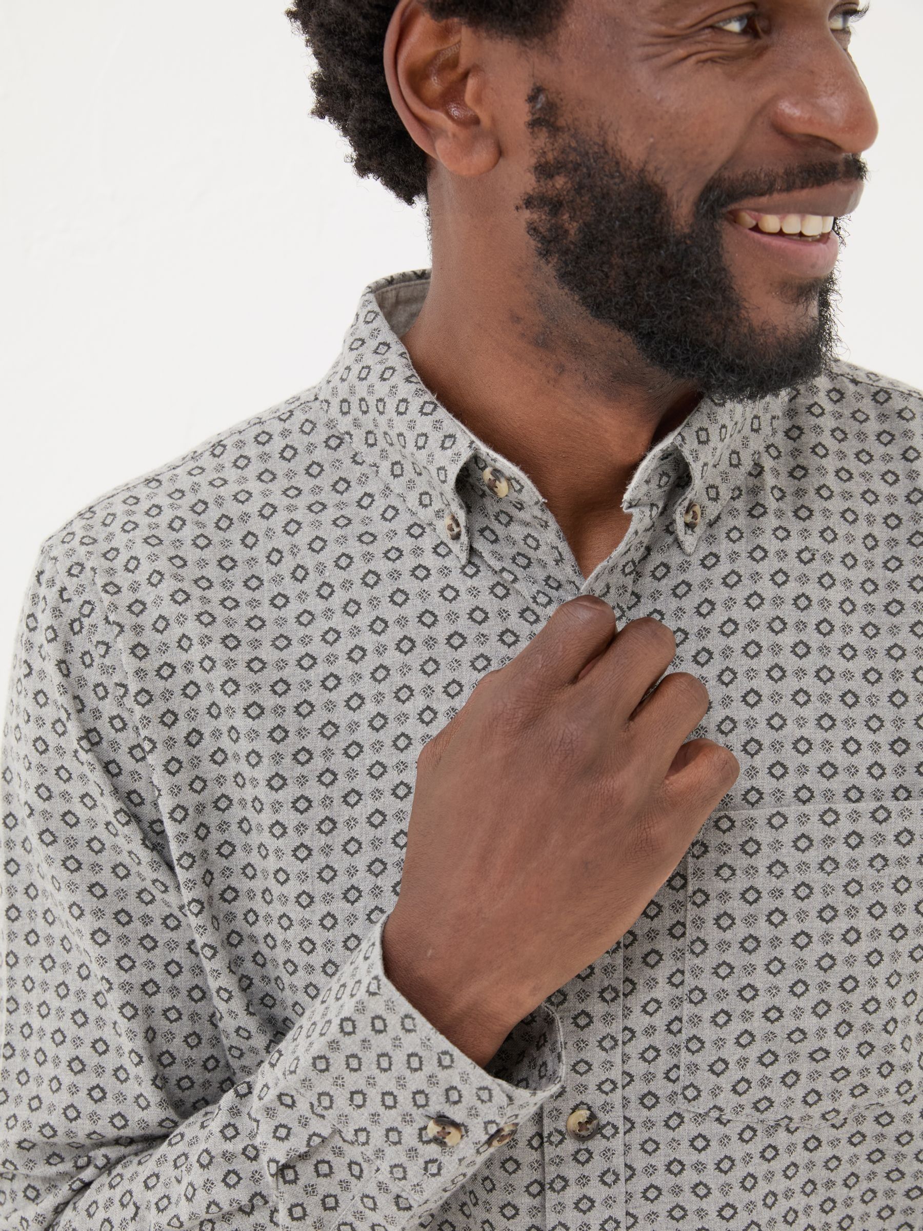 Light Grey Long Sleeve Geo Print 100% Cotton Shirt - Image 4 of 6