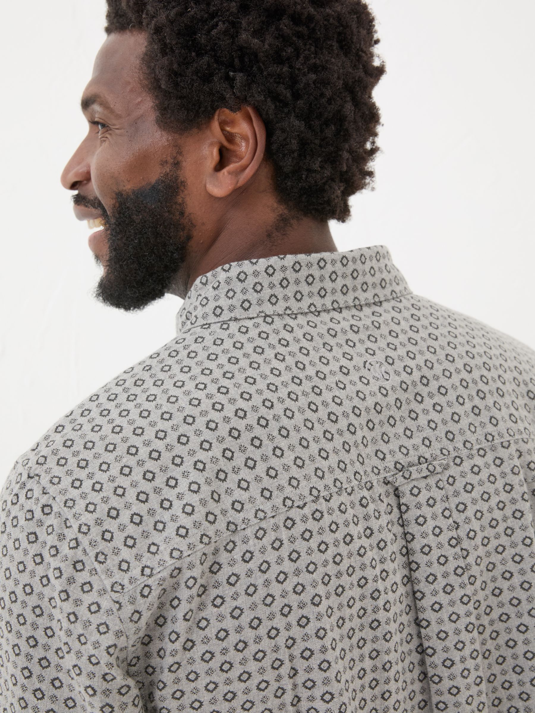Light Grey Long Sleeve Geo Print 100% Cotton Shirt - Image 5 of 6