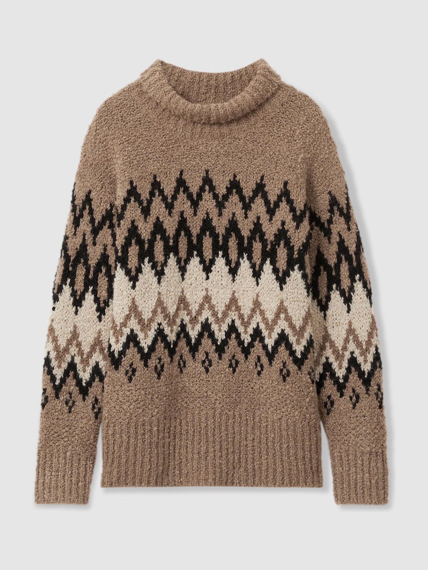 Chunky Fairisle Pattern Knit Funnel Neck Jumper in Brown - Image 2 of 6